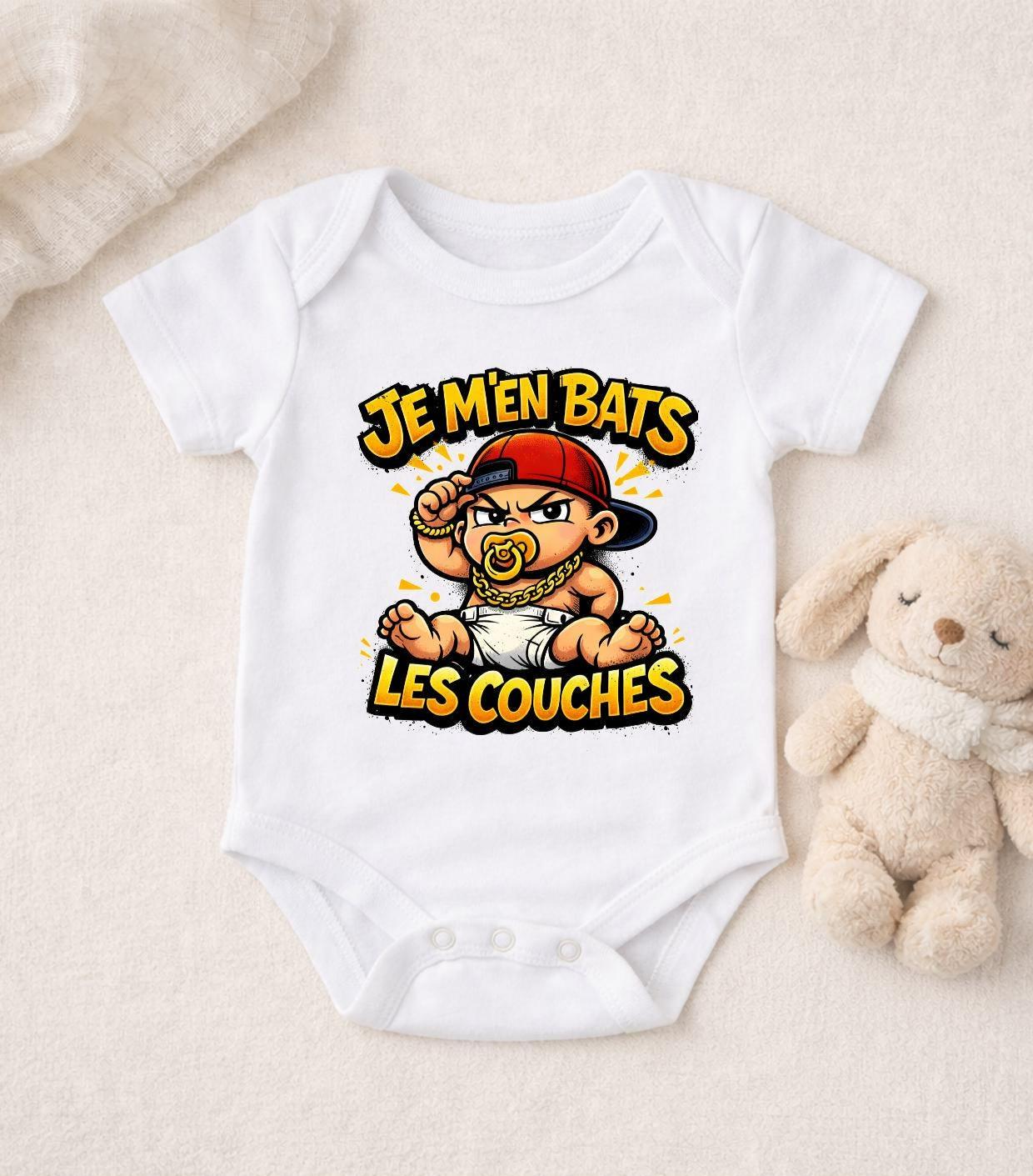 Body bébé, body personnalisé, annonce naissance, humour, je m'en bats les couches, cadeau naissance, cadeau bébé, body flocké