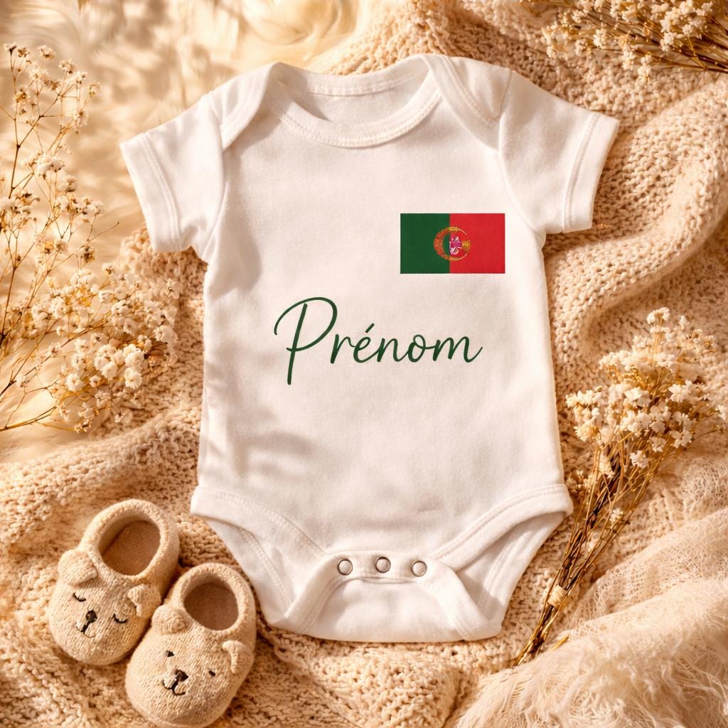 Body bébé personnalisé prénom avec drapeau | Body naissance personnalisé | Cadeau bébé original | Tunisie Algérie Maroc Espagne Portugal