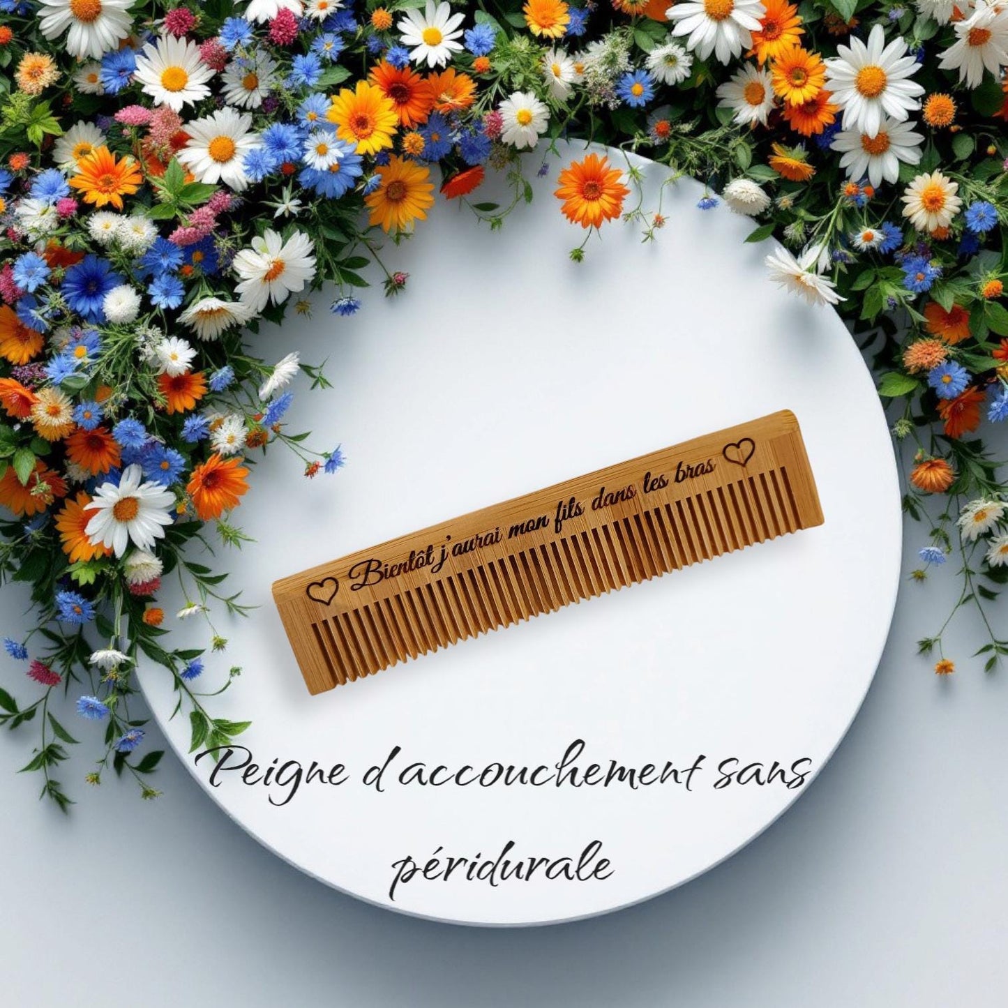 Peigne d'accouchement sans douleur gravé avec mantra sans péridurale détournement douleur, peigne en bois chaque contraction bambou