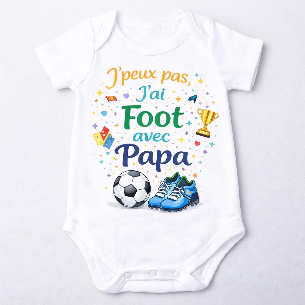 Body bébé humour – J’peux pas j’ai foot avec Papa / Papi / Tonton – DTF couleur – Cadeau naissance original – Baby shower – Football