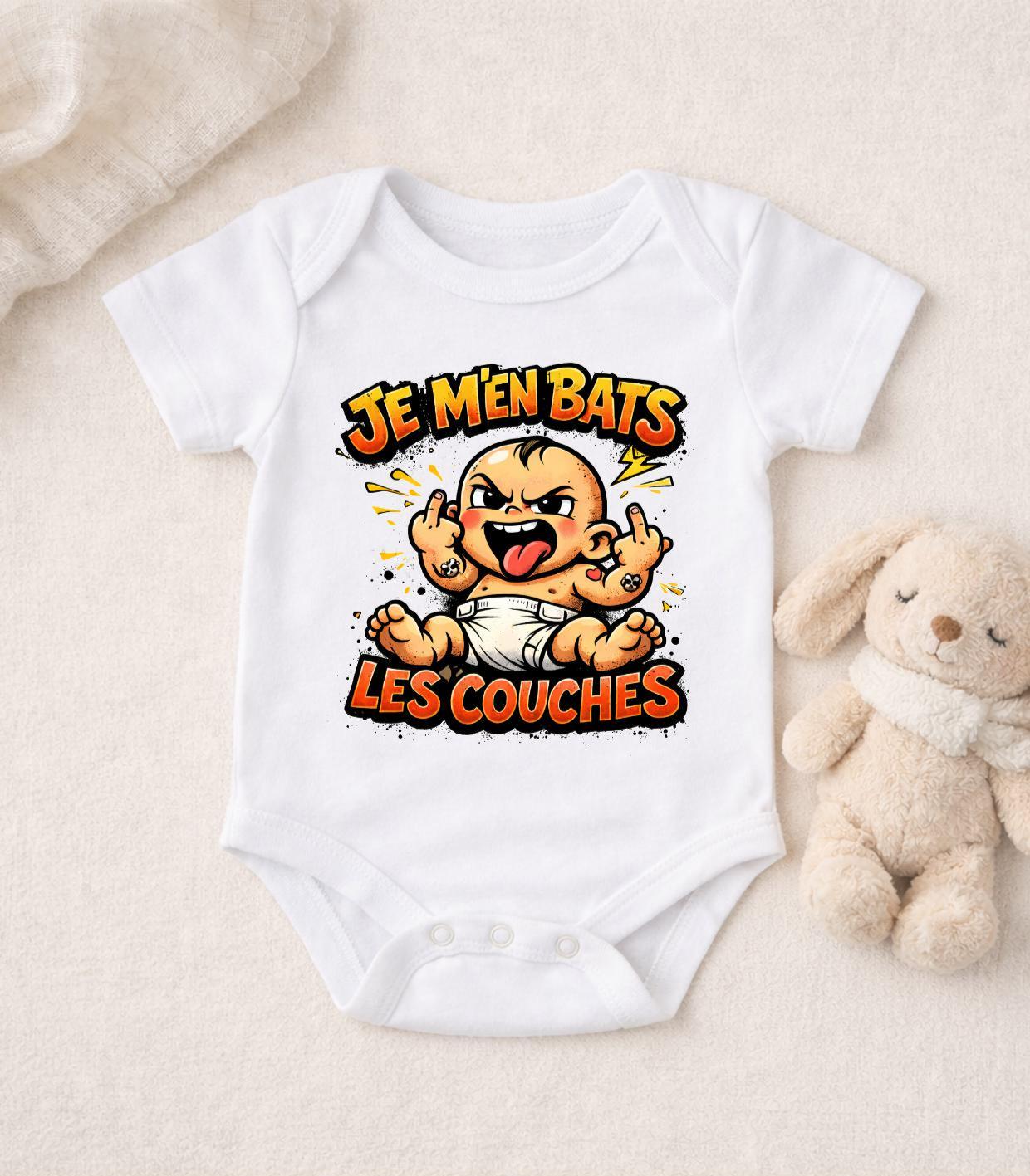 Body bébé, body personnalisé, annonce naissance, humour, je m'en bats les couches, cadeau naissance, cadeau bébé, body flocké