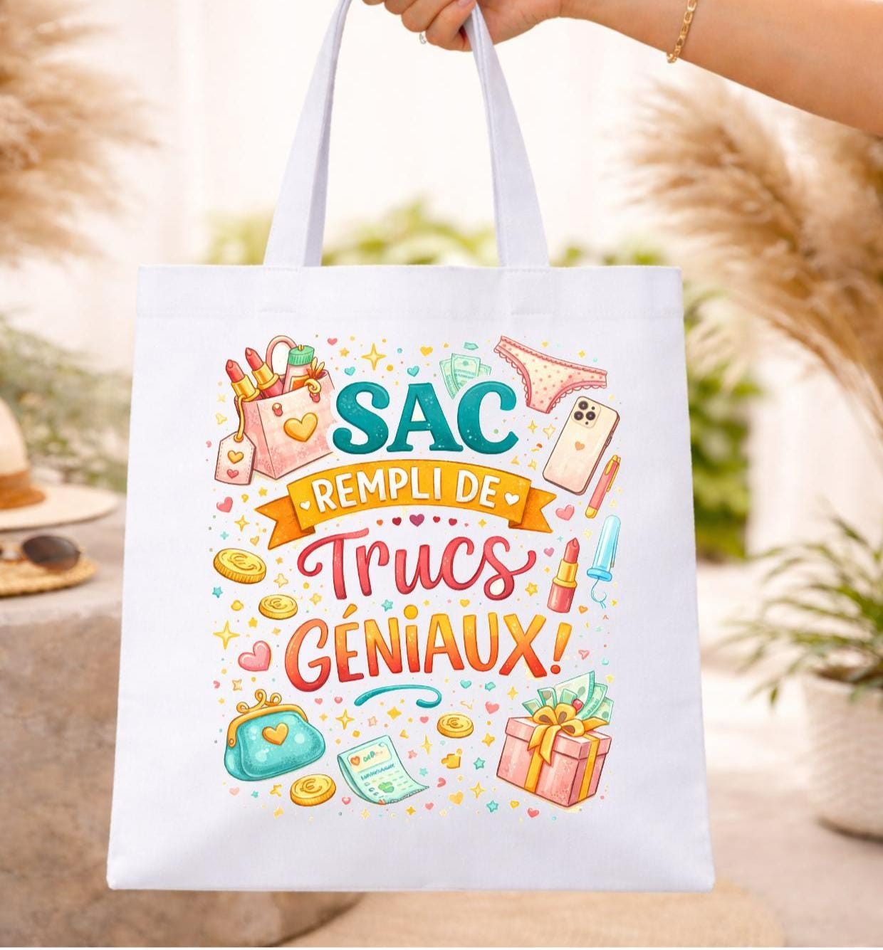 Tote bag en coton blanc, sac à shopping, coton, sac rempli de trucs géniaux, haute qualité