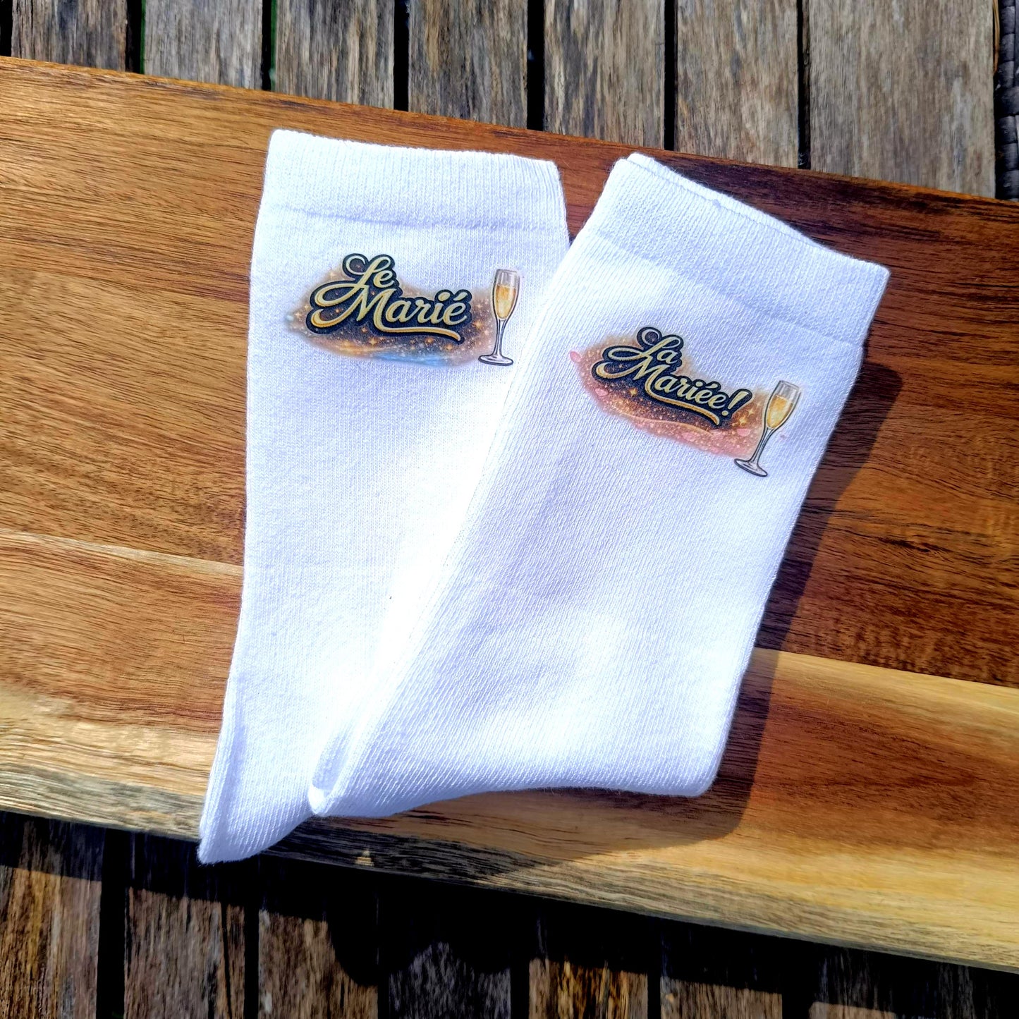 Paire de chaussettes blanches personnalisées thème Mariage – Le Marié La Marié, témoin demoiselle d'honneur- mariage EVG EVJF Anniversaire