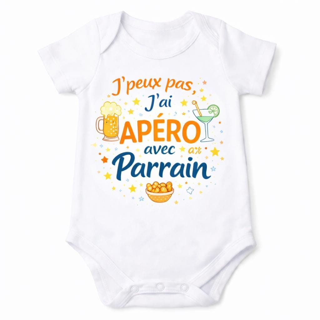 Body bébé humour – J'peux pas j'ai apéro avec Parrain/Marraine/Tonton/Tata – DTF couleur – Cadeau naissance original – Baby shower