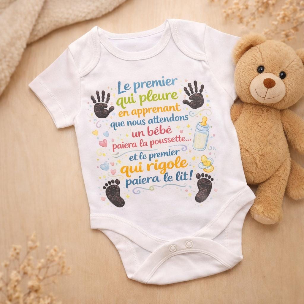 Body annonce grossesse humour – Le premier qui pleure paiera la poussette