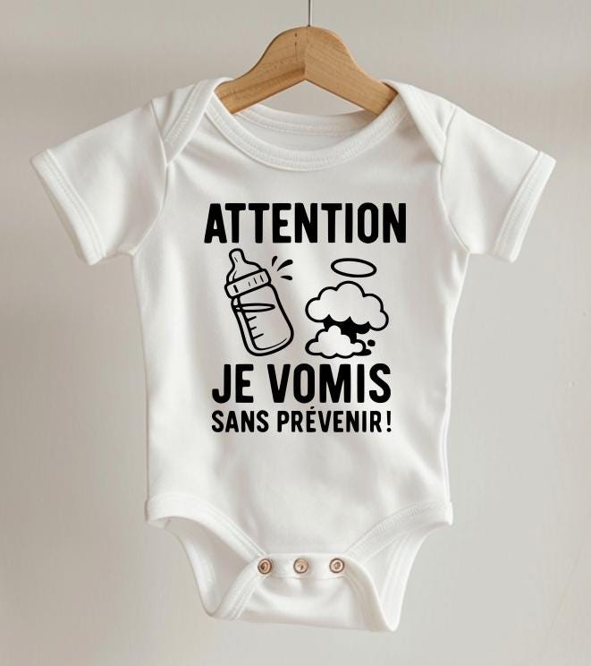 Body bébé humour – Cadeau naissance drôle – Body original "Attention je vomis sans prévenir" – Idée cadeau parents – Body coton personnalisé