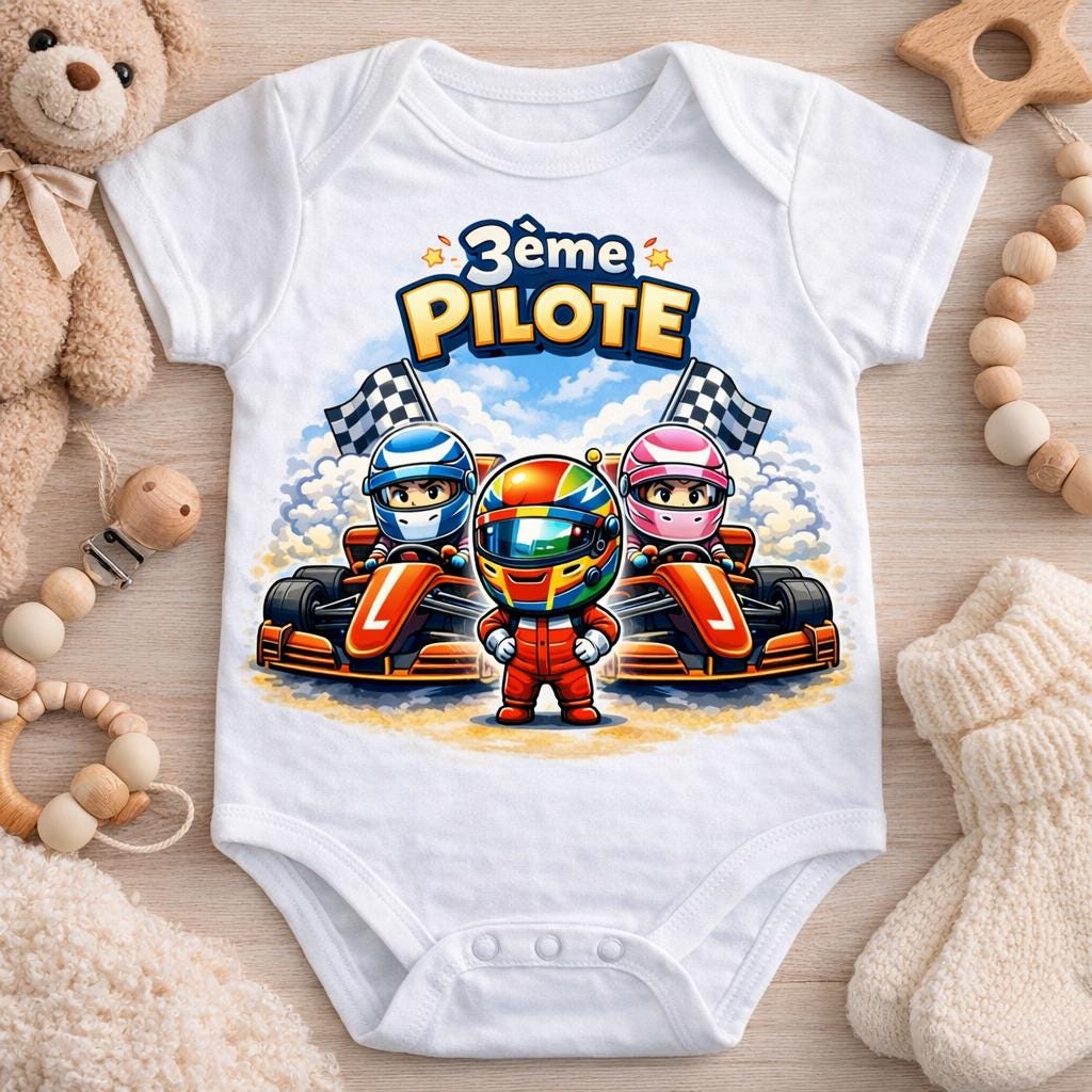 Body bébé “3ème Pilote” – Thème F1 Ferrari Annonce grossesse originale – Cadeau futur papa & maman fans de Formule 1