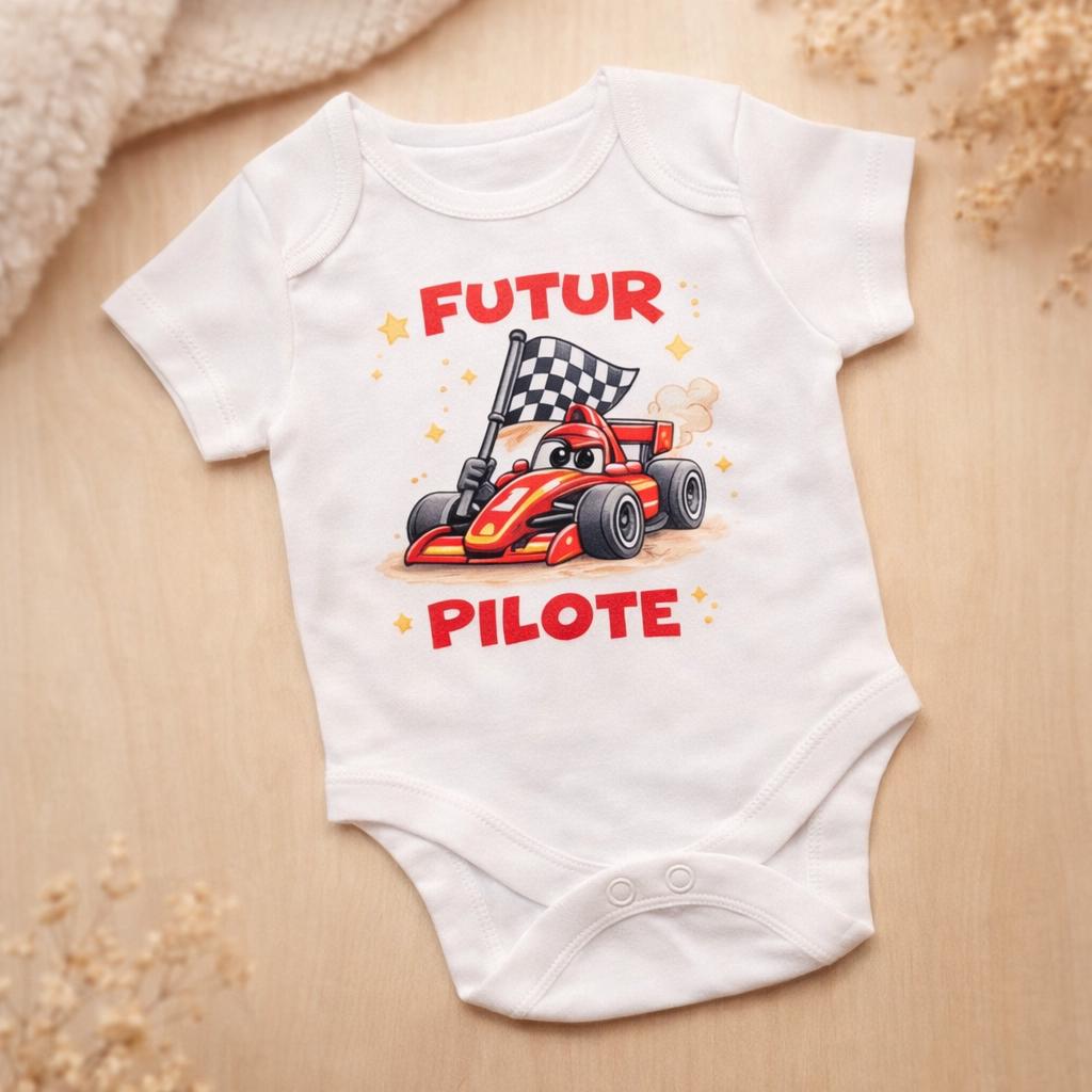 Body bébé, body personnalisé, idée cadeau naissance, body body pilote, pilote F1, bébé pilote, manches longues, vêtements bébé, futur pilote