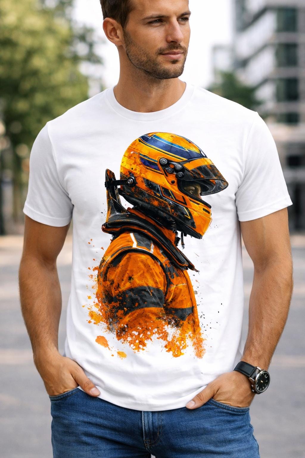 Tshirt Pilote de F1 McLaren, pilote avec son casque. Tshirt homme, fan de Formule 1