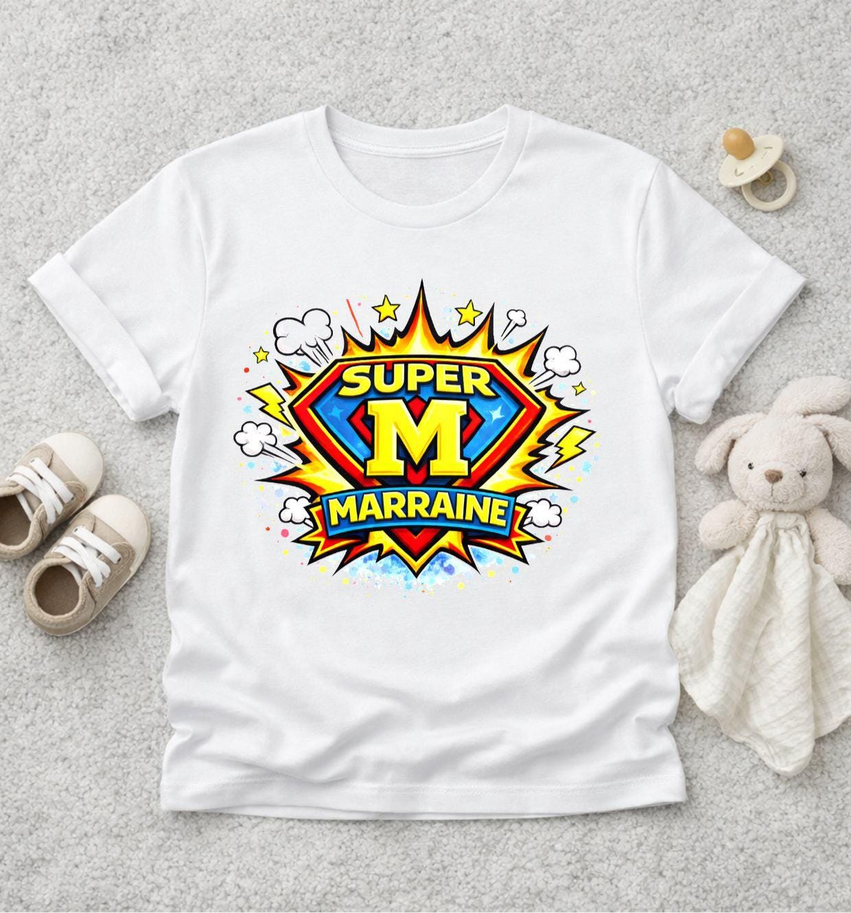 Super Marraine – T-shirt adulte, enfant ou body bébé – Cadeau original DTF  – Annonce famille super héros - BD Comics Superman Spiderman