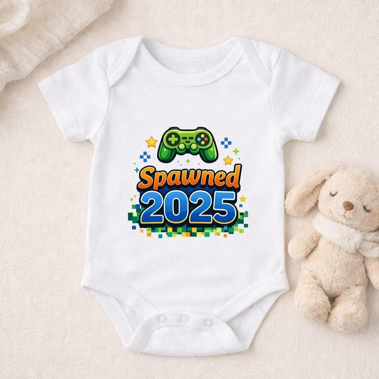Body bébé Spawned 2025 – Body naissance gamer – Cadeau bébé original – Humour parents – Body bébé jeu vidéo