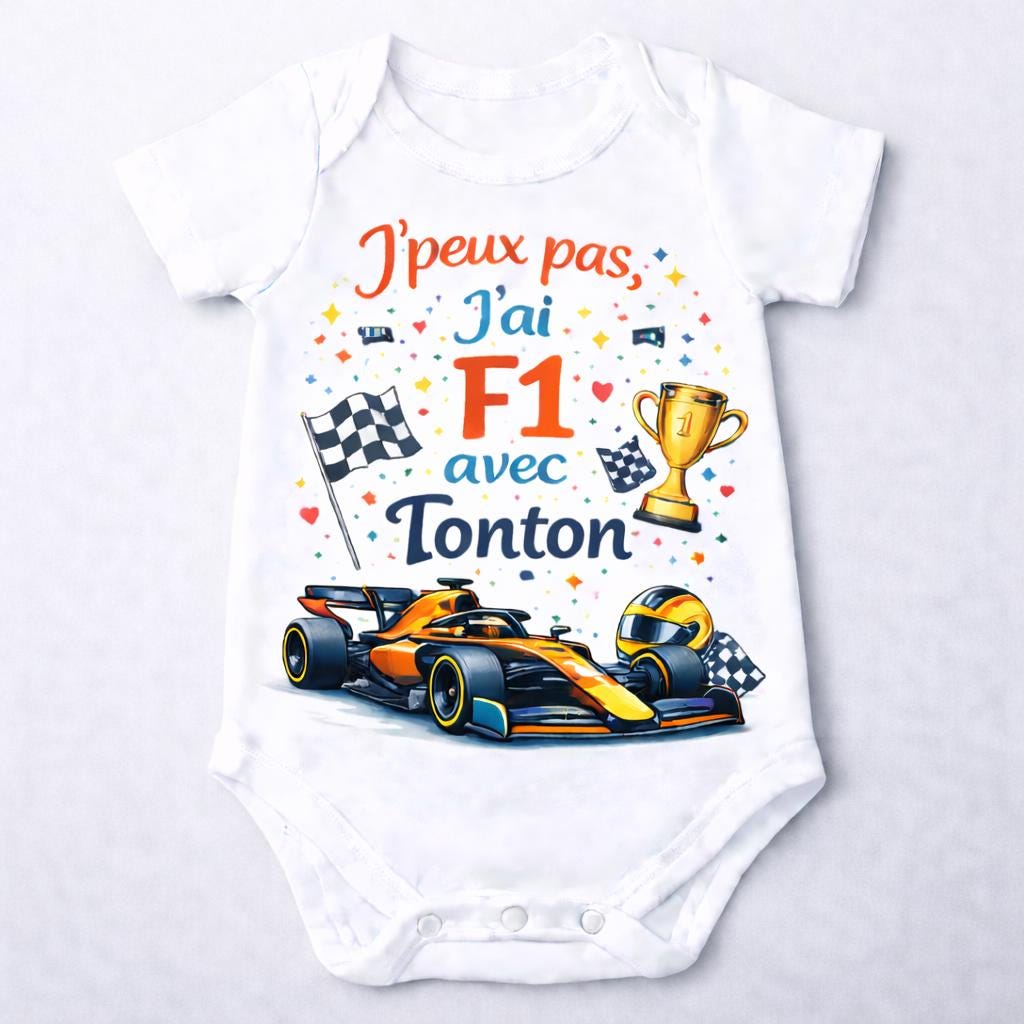 Body bébé F1 – J’peux pas j’ai F1 avec Tonton – Ferrari / McLaren / Red Bull – Body humour bébé – Cadeau naissance original – DTF couleur