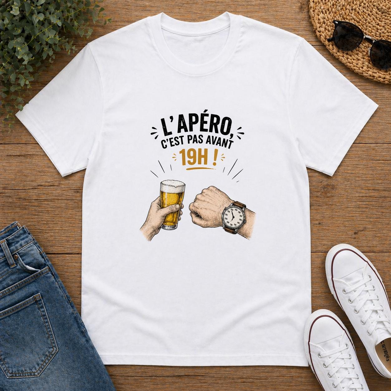 T-shirt humour apéro – L'apéro, c'est pas avant 19h – Tee shirt beauf drôle – Cadeau homme humour alcool - Carnaval Dunkerque - marrant