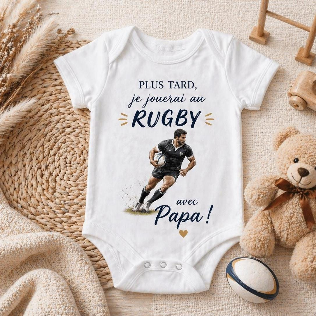 Body bébé plus tard je jouerai au rugby avec Papa, rugbyman, idée cadeau futur papa papi tonton parrain, humour, mignon
