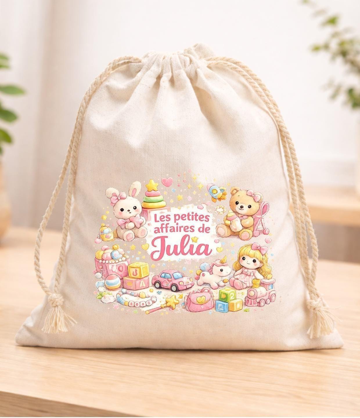 Sac pochon à cordon en tissu, sac à doudou, coton, personnalisé avec votre prénom, imprimé en DTF, haute qualité, EVJF demoiselle d'honneur