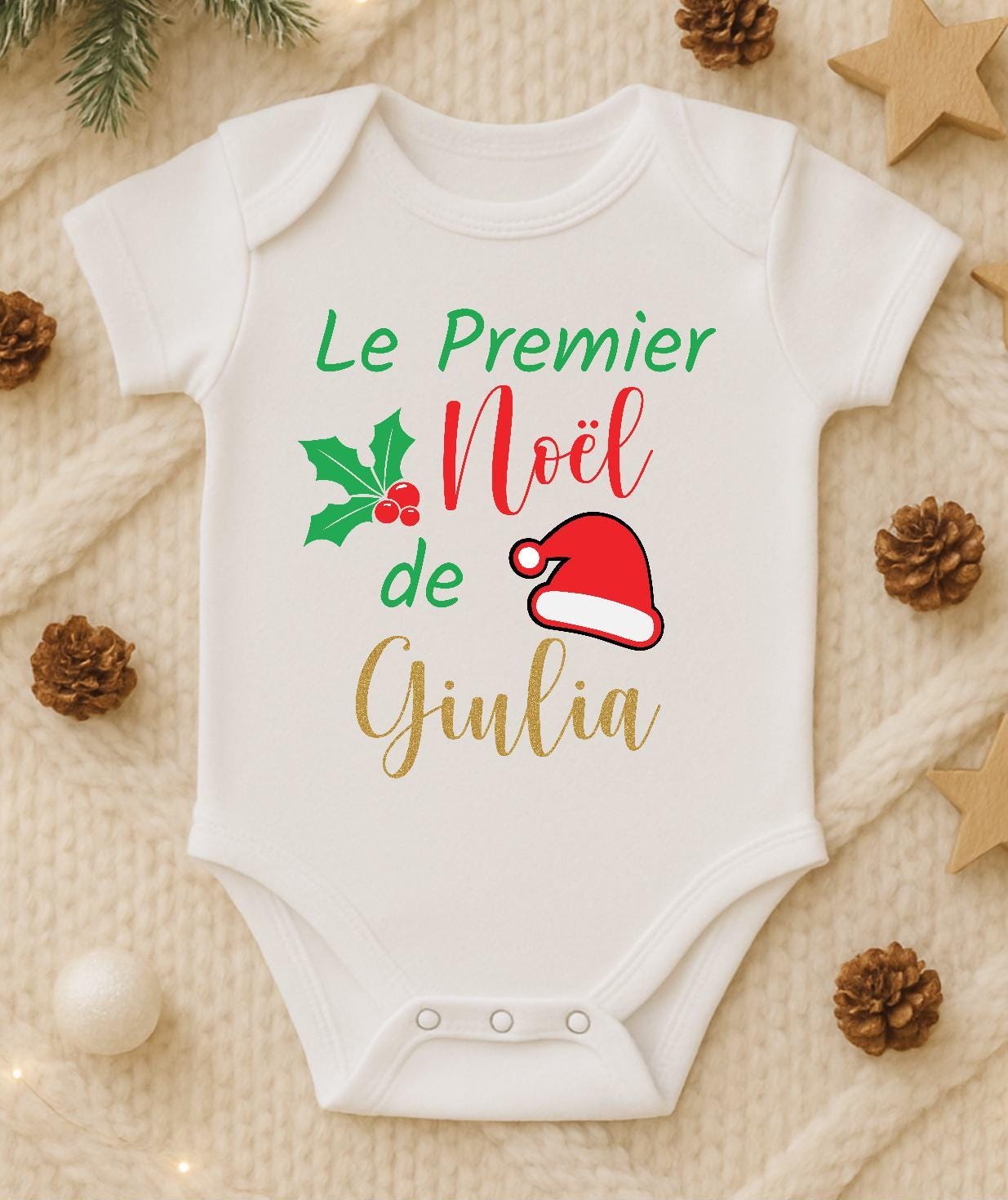 Body bébé personnalisé "Le premier Noël de Prénom" – avec prénom personnalisé premier noël de bébé, Cadeau naissance tendre & mignon