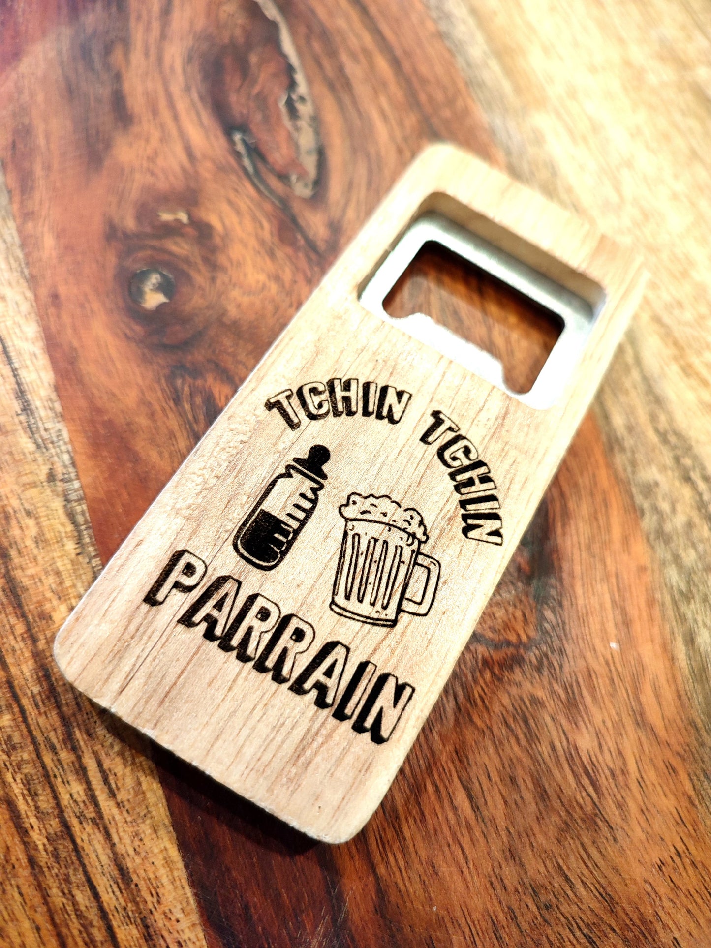 Décapsuleur en bois, ouvre-bouteille cadeau pour le parrain