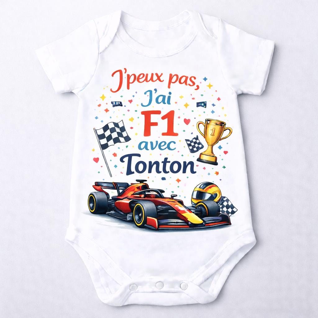Body bébé F1 – J’peux pas j’ai F1 avec Tonton – Ferrari / McLaren / Red Bull – Body humour bébé – Cadeau naissance original – DTF couleur