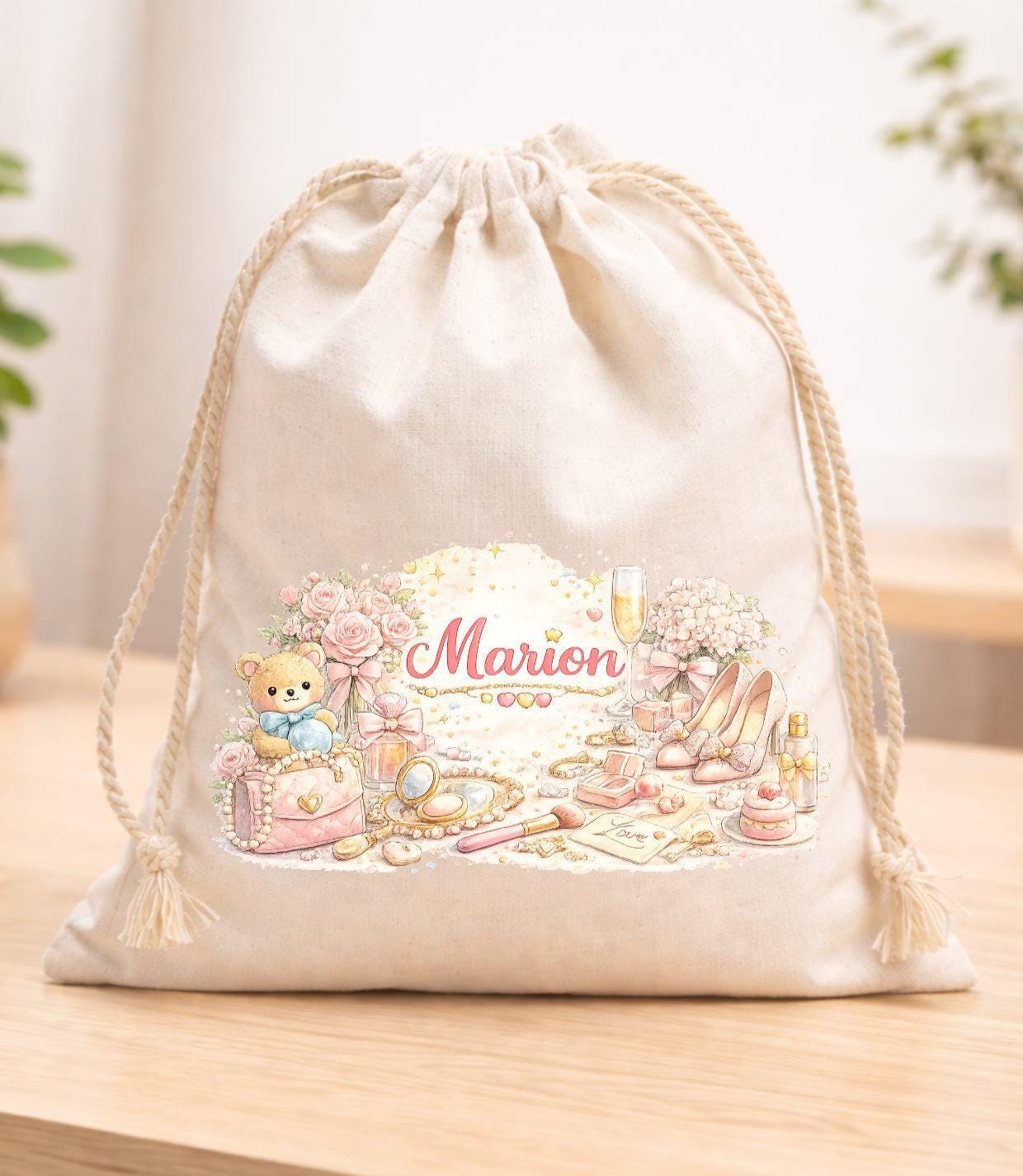 Sac pochon à cordon en tissu, sac à doudou, coton, Les petites affaires de Prénom, haute qualité, EVJF demoiselle d'honneur