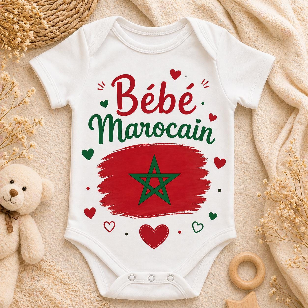 Body personnalisé bébé marocain avec drapeau | Body naissance personnalisé | Cadeau bébé original | Tunisie Algérie Maroc Espagne Portugal