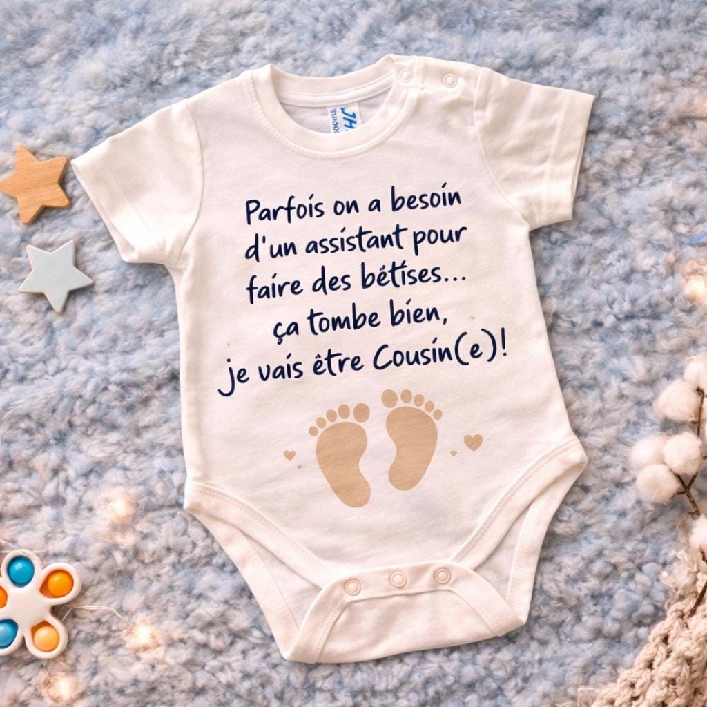 Body bébé annonce grossesse cousin, je vais être cousin(e), body humoristique bébé, idée annonce famille 2027, cadeau naissance