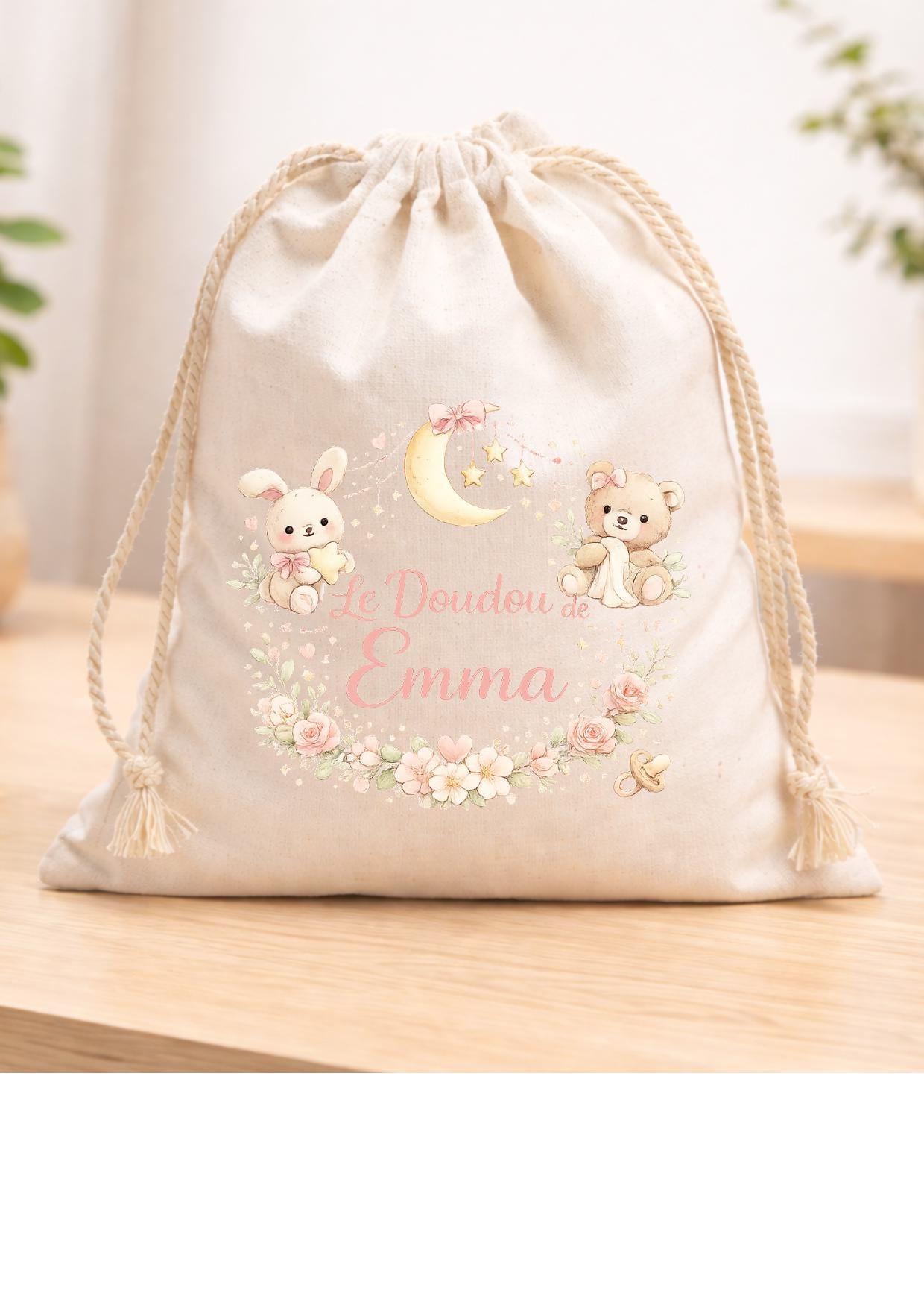 Sac pochon à cordon en tissu, coton, personnalisé avec VOTRE DESIGN, imprimé en DTF, haute qualité, texte au choix, dessin au choix
