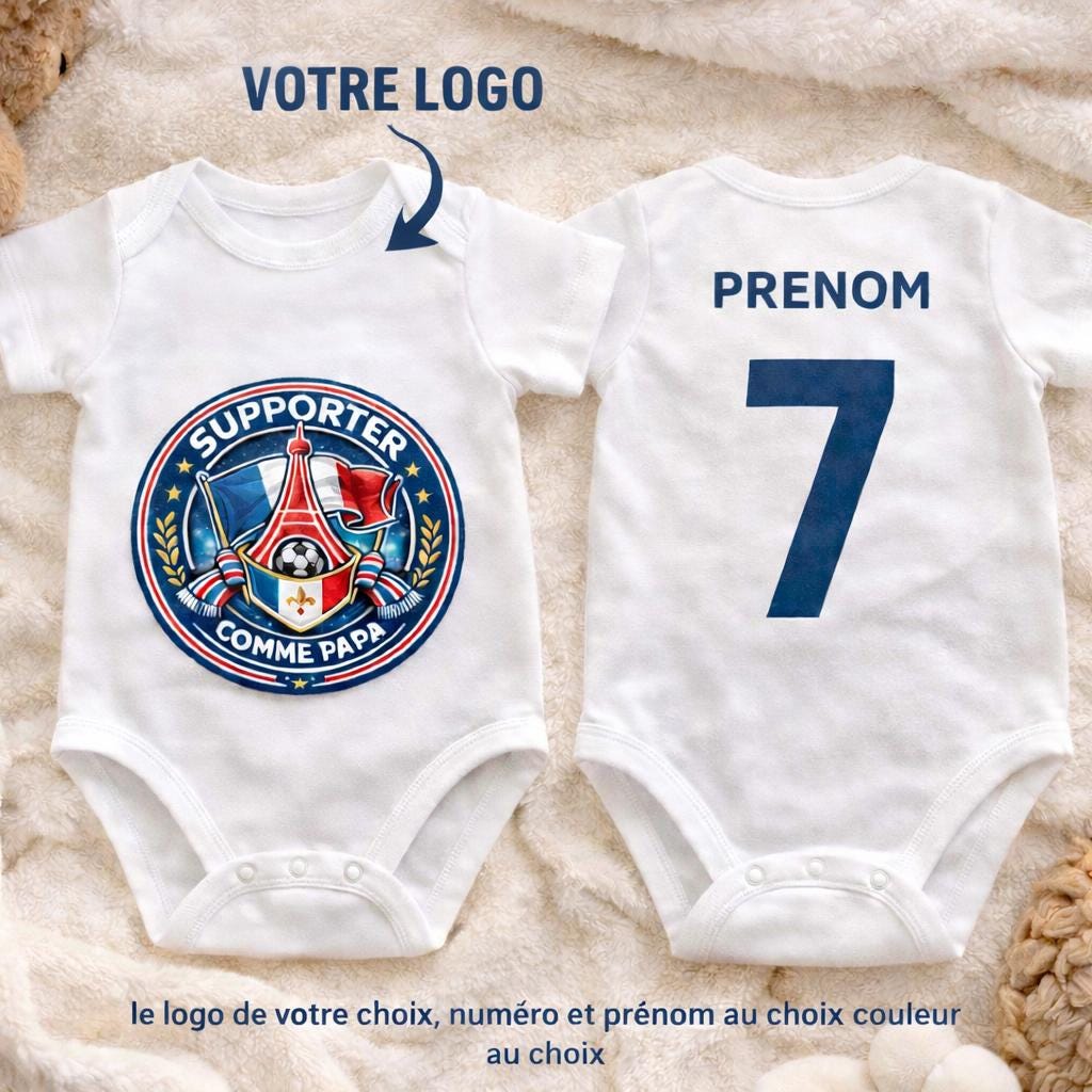 Body bébé à personnaliser, maillot de foot mini supporter, avec logo, prénom et numéro au choix, tous logos