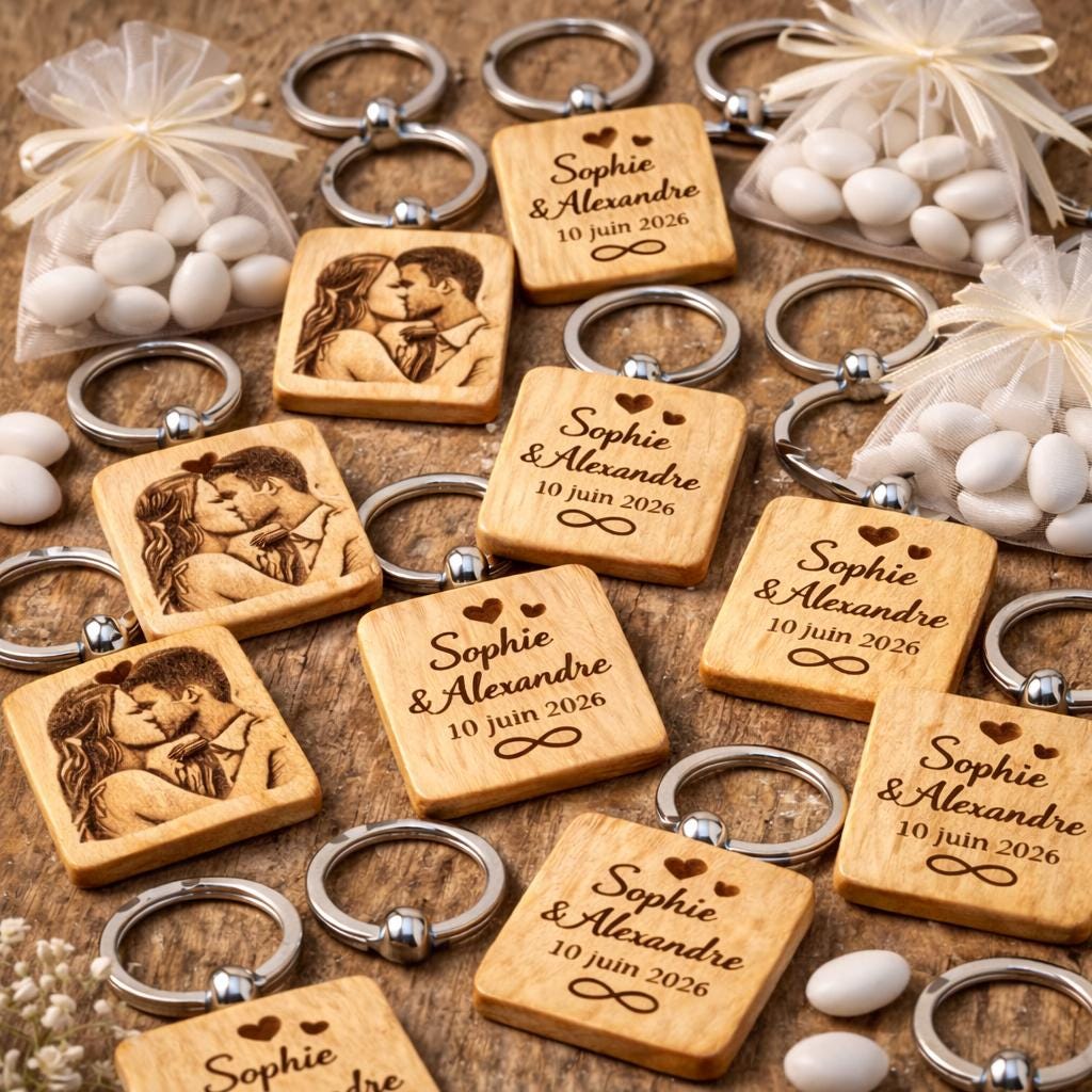 Porte clé en bois, cadeau invité pour mariage, baptême, personnalisé avec texte et photo. Anniversaire, fiançailles, souvenir
