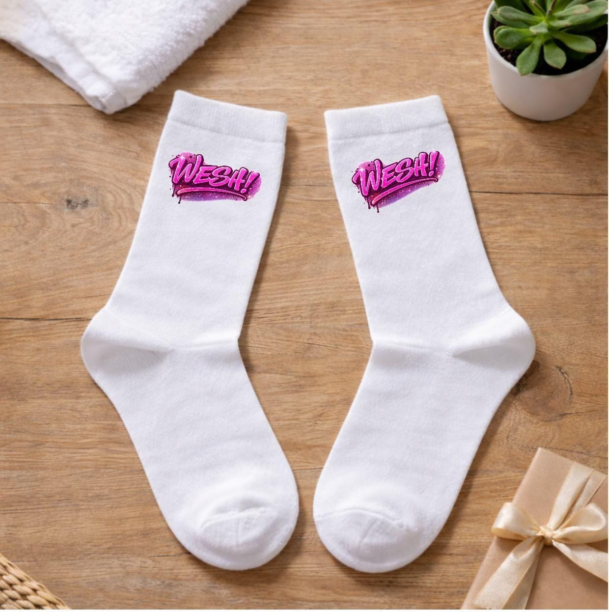 Paire de chaussettes imprimées à la mode, chaussettes à paillettes, design au choix, texte personnalisé et personnalisable