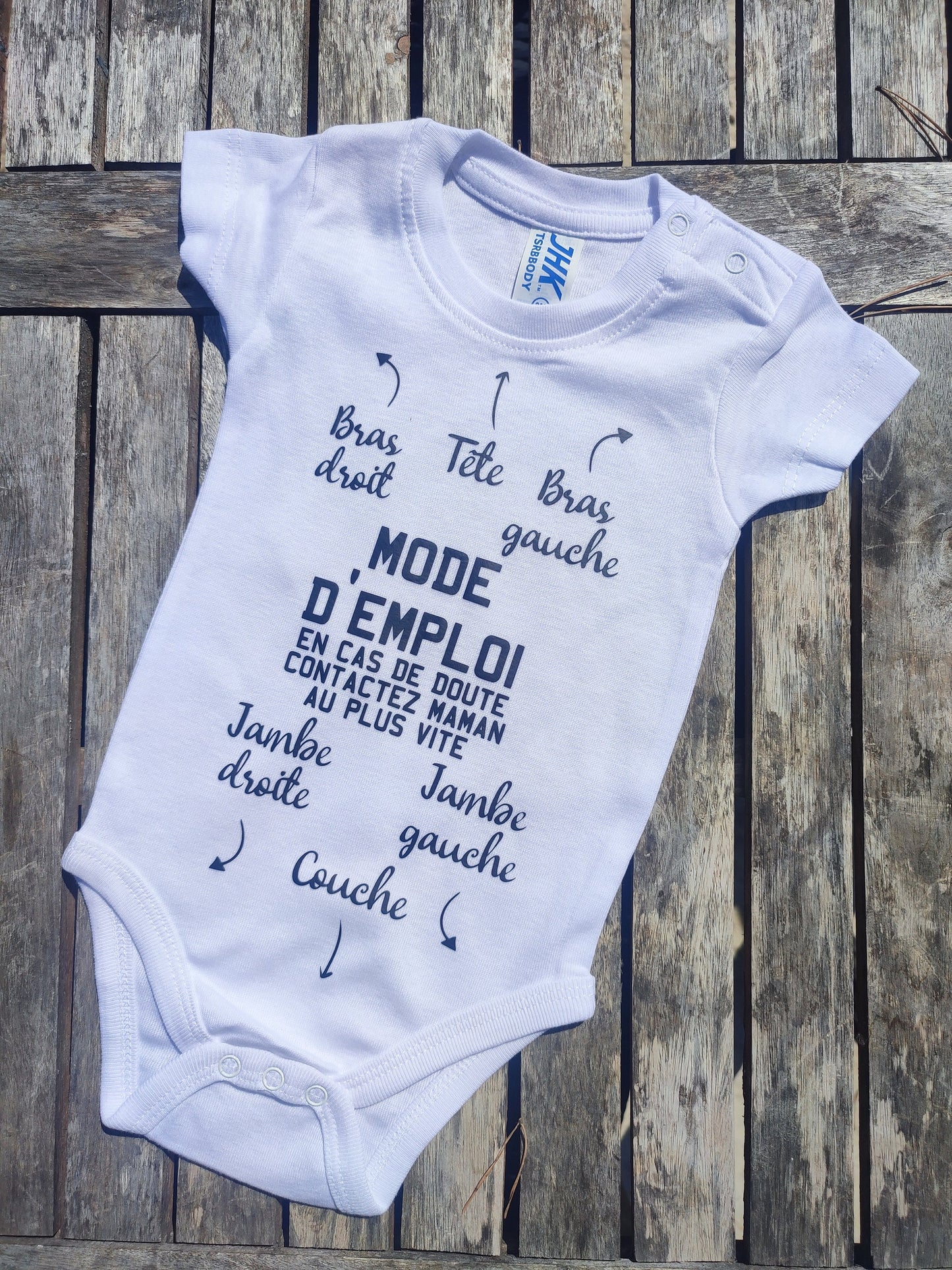 Body bébé, notice, mode d'emploi avec Humour, bodie personnalisable pour bébé, annonce de grossesse, naissance, accouchement