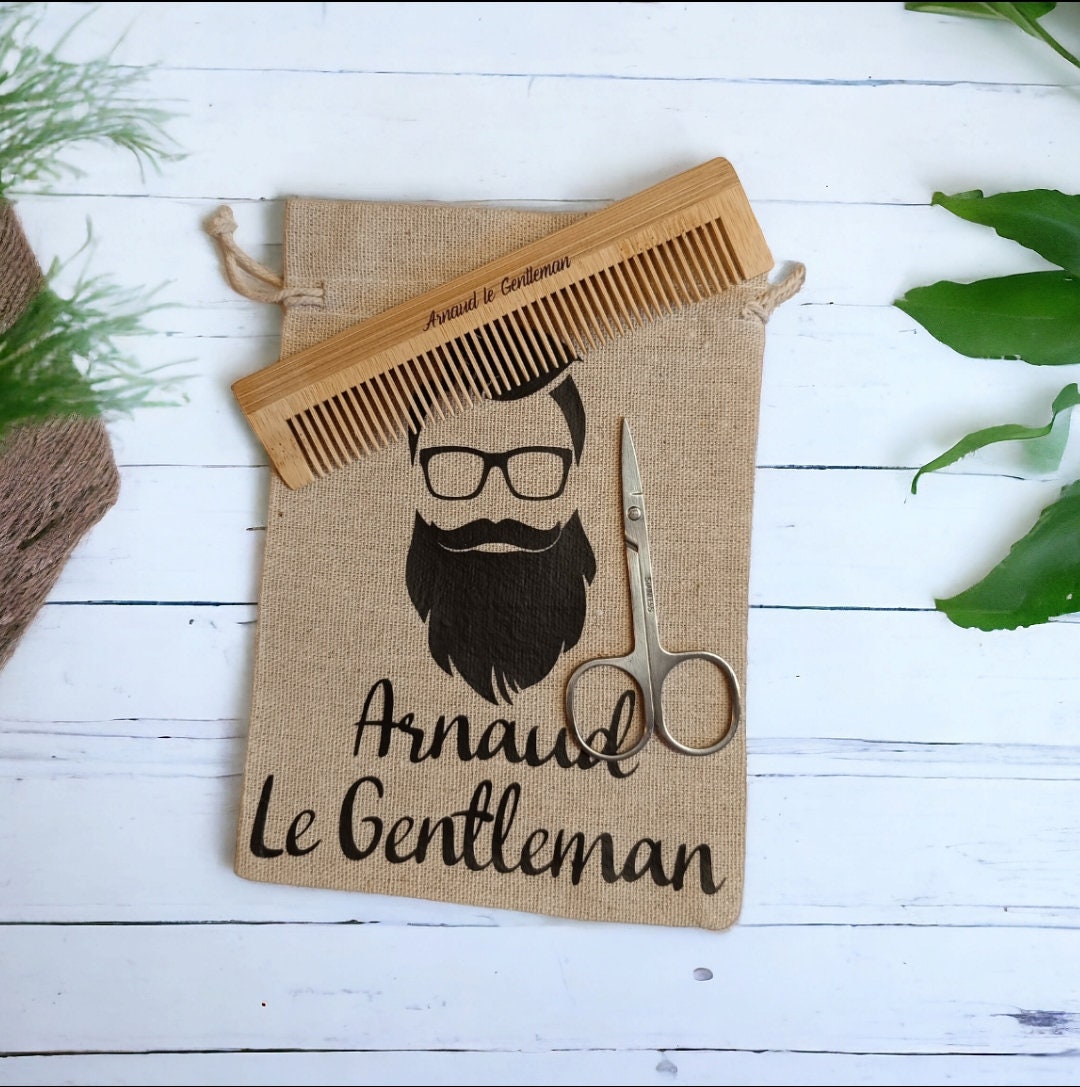 Kit pour la barbe – Peigne personnalisé, ciseaux et pochon personnalisé – cadeau homme, EVG EVJF, Mariage, anniversaire fête des pères