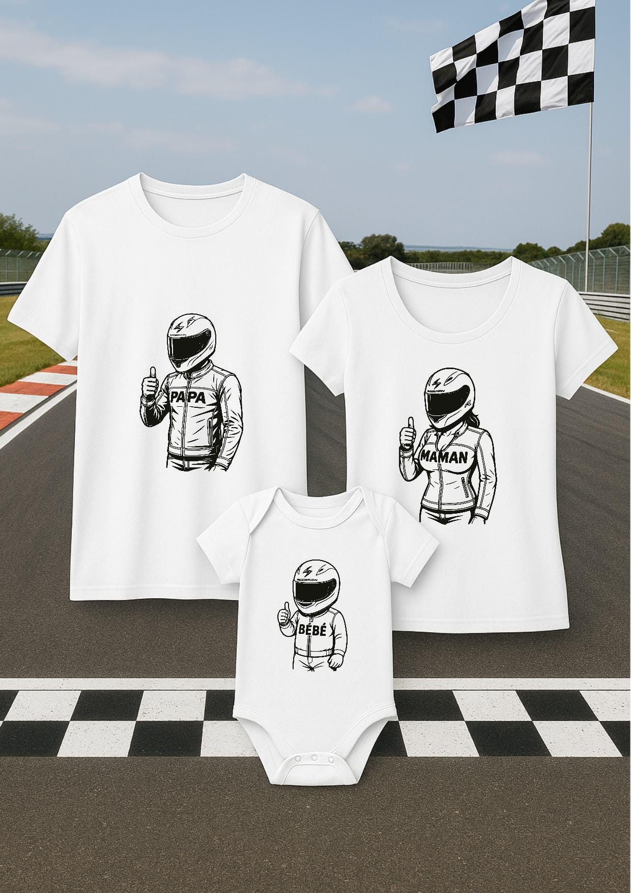 Tshirt adulte homme et femme et body bébé assorti, lot tshirt et body moto, motards, famille de motards, bébé moto, idée cadeau famille