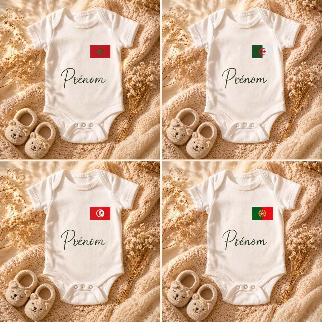 Body bébé personnalisé prénom avec drapeau | Body naissance personnalisé | Cadeau bébé original | Tunisie Algérie Maroc Espagne Portugal