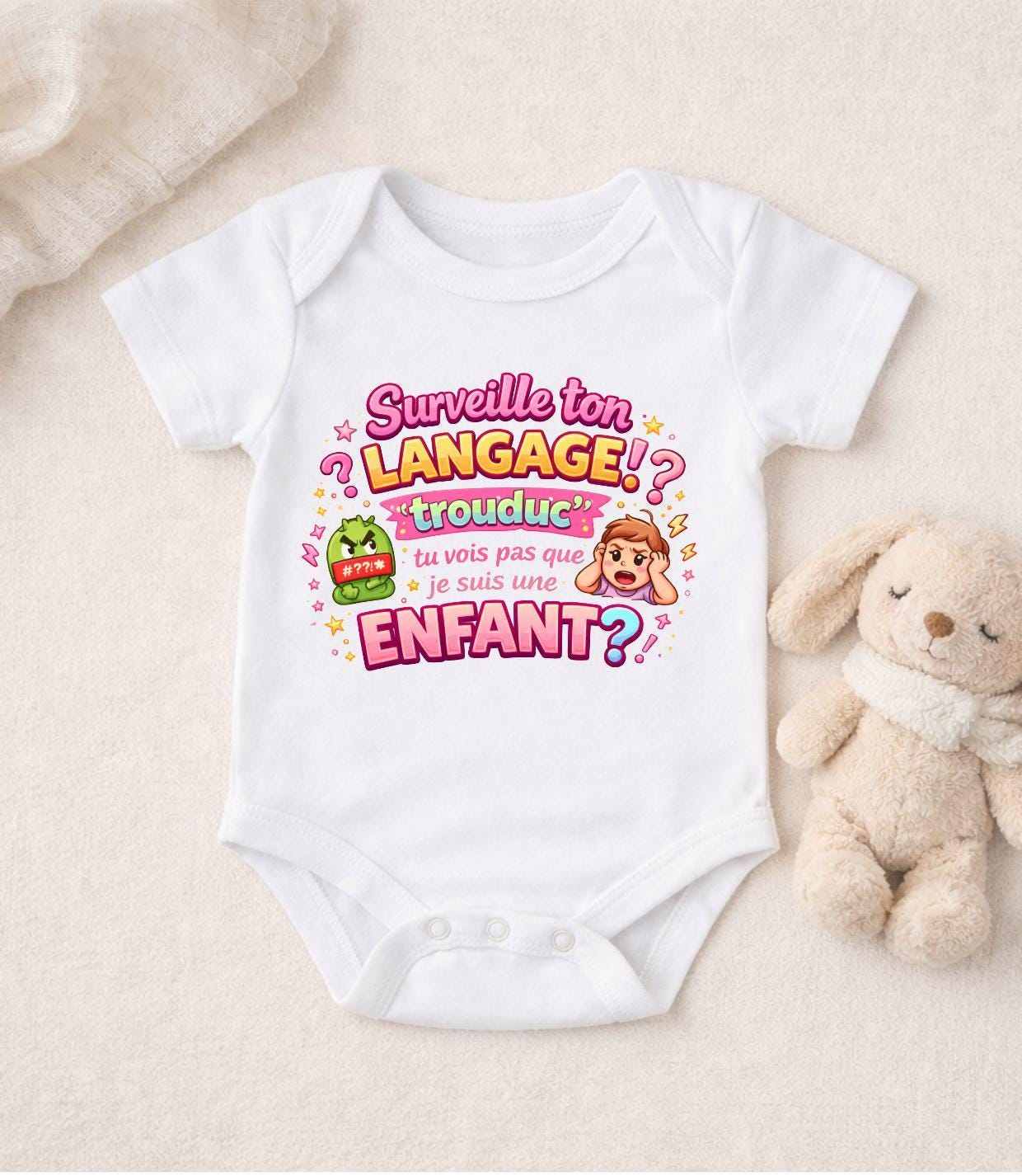Body bébé humour – Surveille ton langage trouduc – T-shirt enfant drôle – Cadeau naissance insolent – Humour noir bébé