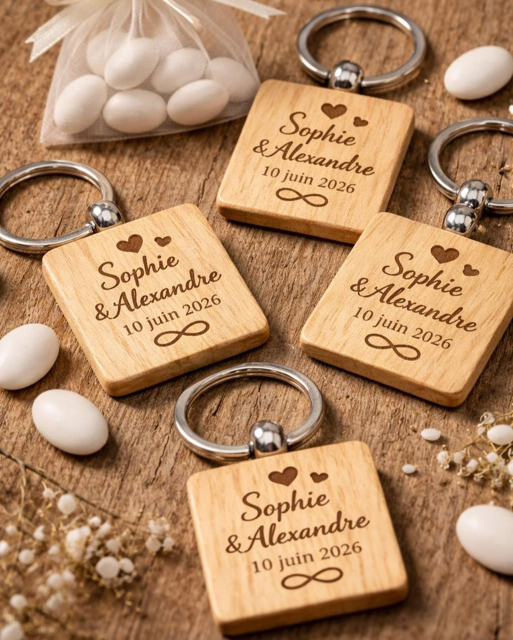 Porte clé en bois, cadeau invité pour mariage, baptême, personnalisé avec texte et photo. Anniversaire, fiançailles, souvenir