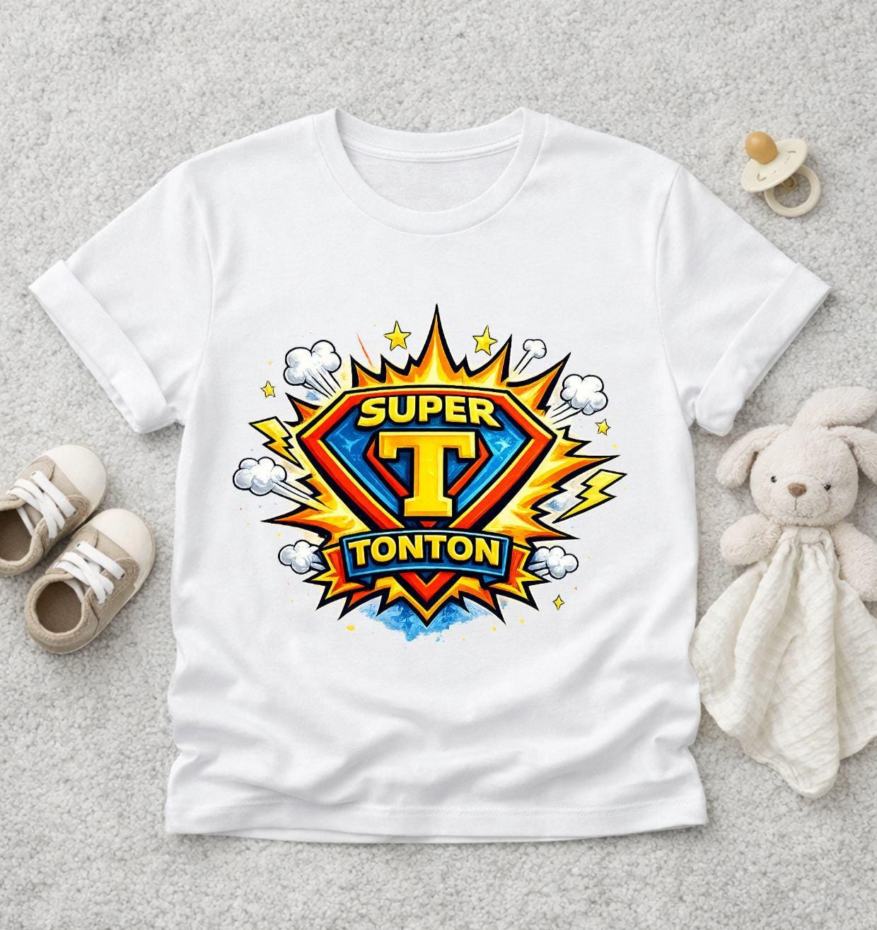 Super Tonton – T-shirt adulte – Cadeau original DTF  – Annonce famille super héros - BD Comics Superman Spiderman