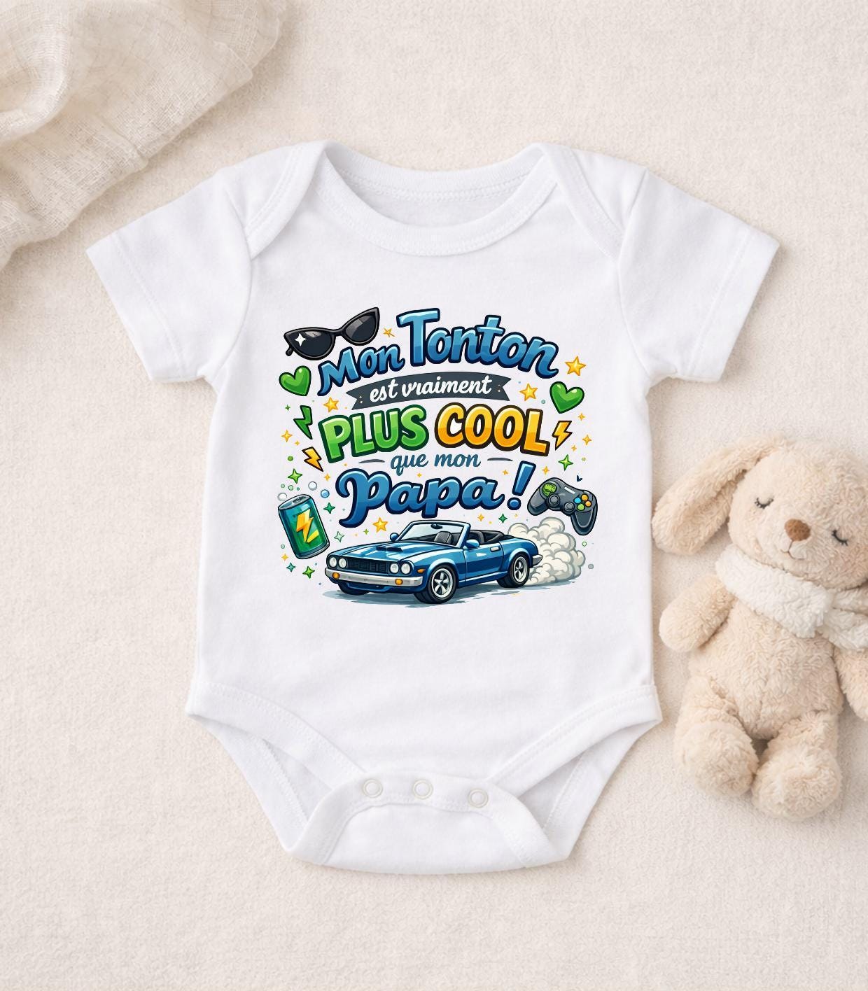 Body bébé ou tshirt enfant humour – Mon tonton est plus cool que mon papa – Body bébé drôle – Cadeau naissance original – Tonton cool