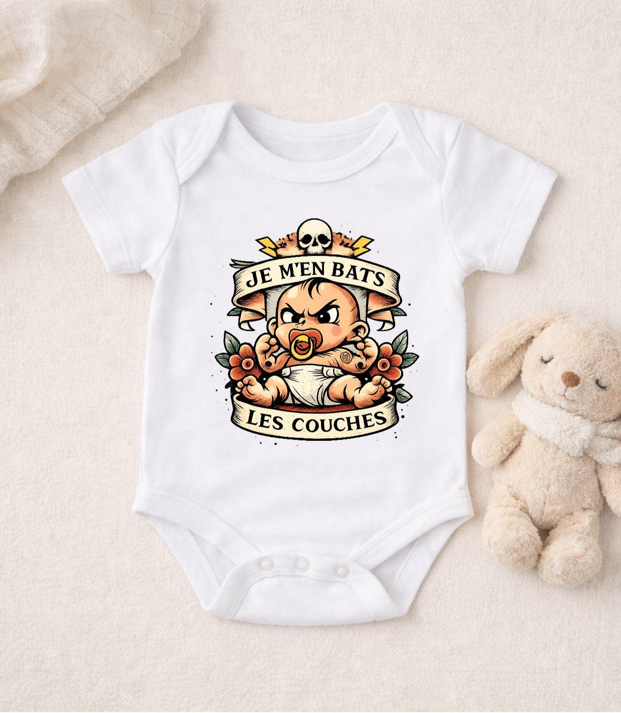 Body bébé, body personnalisé, annonce naissance, humour, je m'en bats les couches, cadeau naissance, cadeau bébé, body flocké
