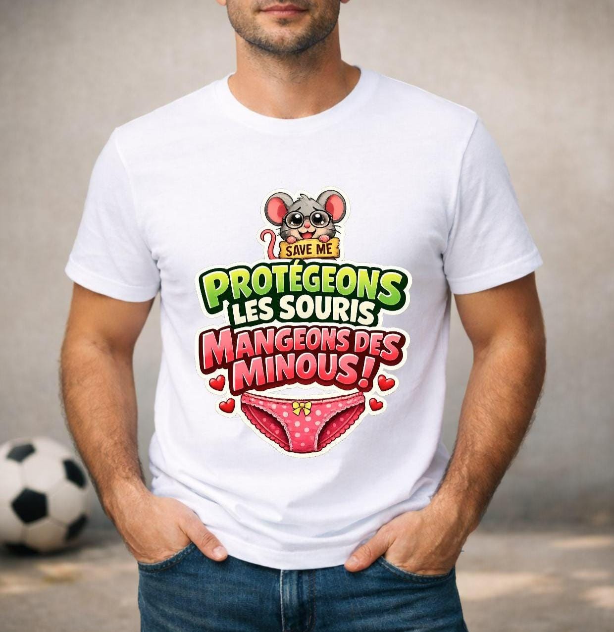 T-shirt humour Protégeons le souris, mangeons des minous - culotte rose sexy