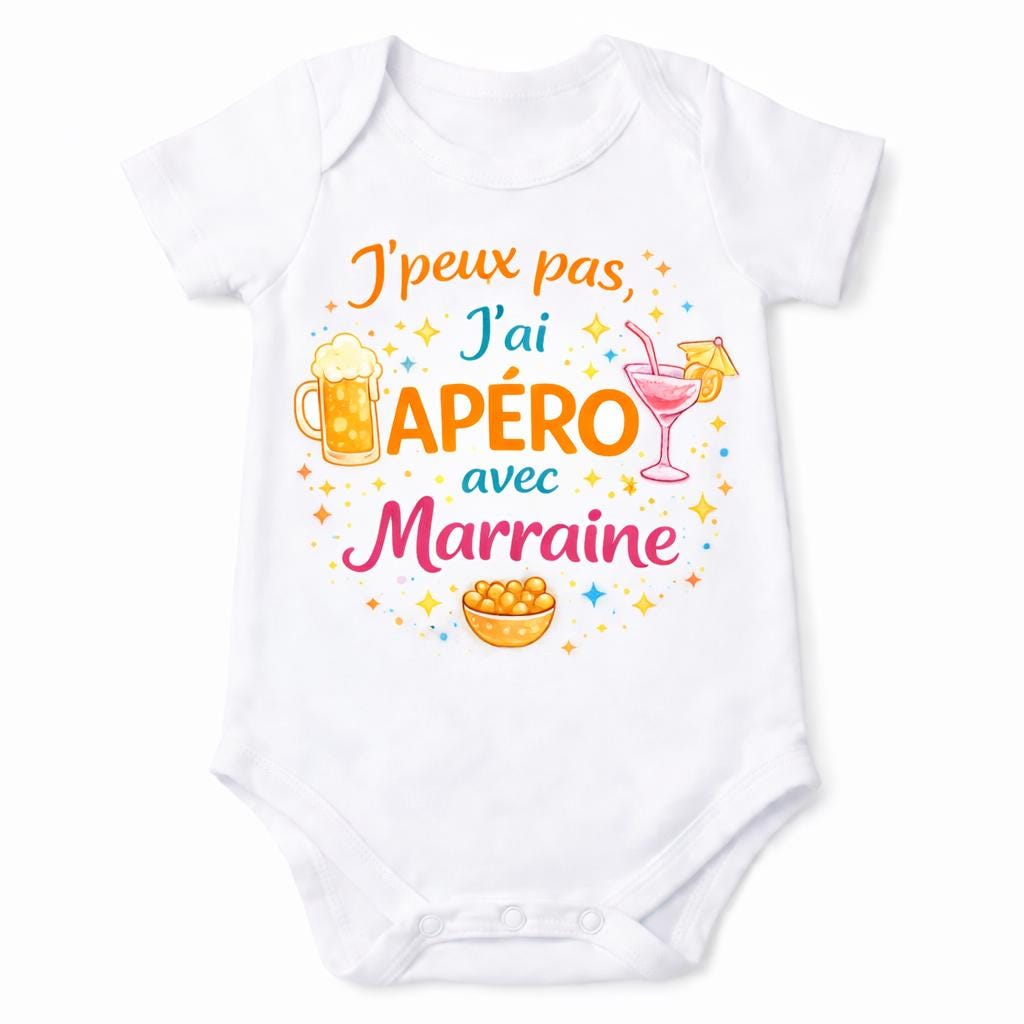 Body bébé humour – J'peux pas j'ai apéro avec Parrain/Marraine/Tonton/Tata – DTF couleur – Cadeau naissance original – Baby shower