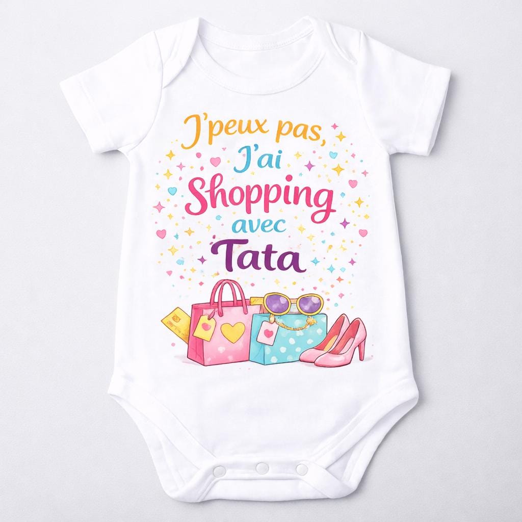 Body bébé humour – J’peux pas j’ai shopping avec Tata – DTF couleur – Cadeau naissance original – Baby shower – Gravé/Imprimé en France