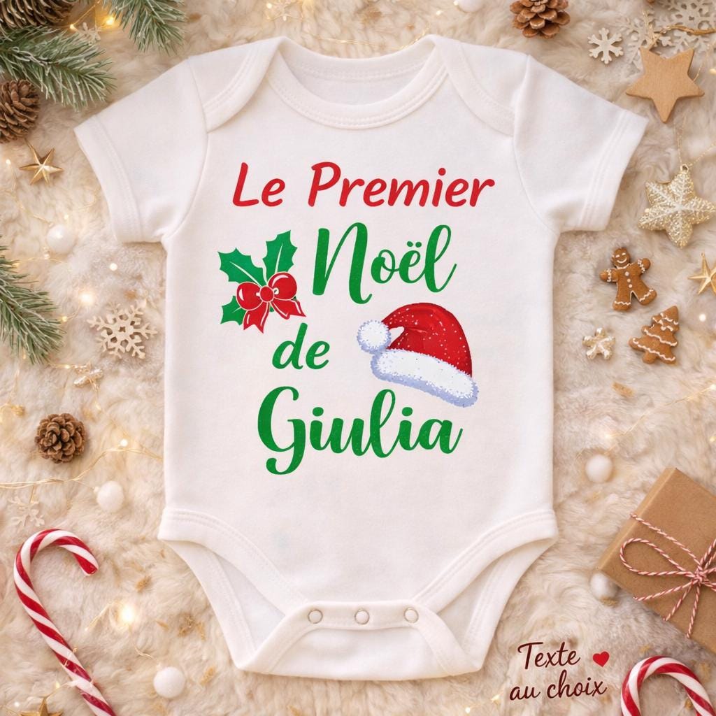 Body bébé personnalisé "Le premier Noël de Prénom" – avec prénom personnalisé premier noël de bébé, Cadeau naissance tendre & mignon