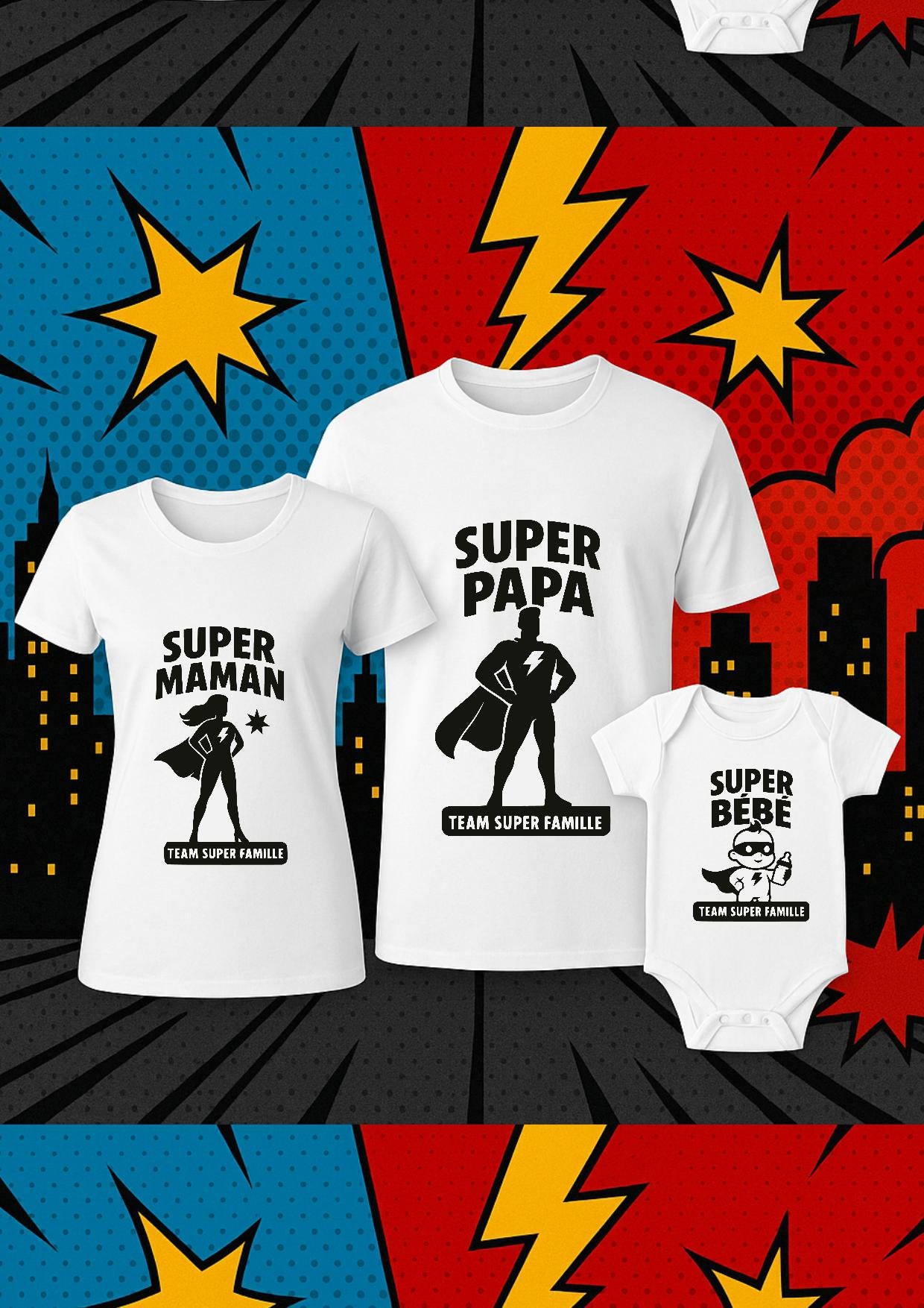 Tshirt adulte homme et femme et body bébé assorti, lot tshirt et body super héros, superman batman, super maman, super papa, super bébé