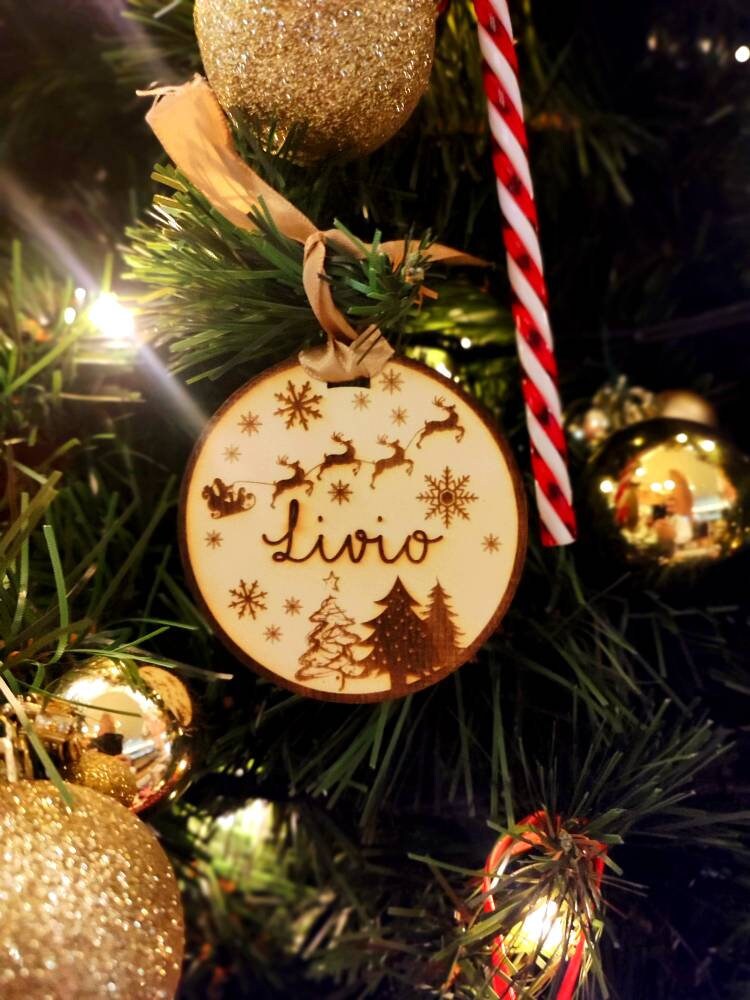 Ornement sapin de Noël en bois, gravure au laser, déco de Noël personnalisée avec prénom, arbre de Noël, boule de noël, décoration fêtes