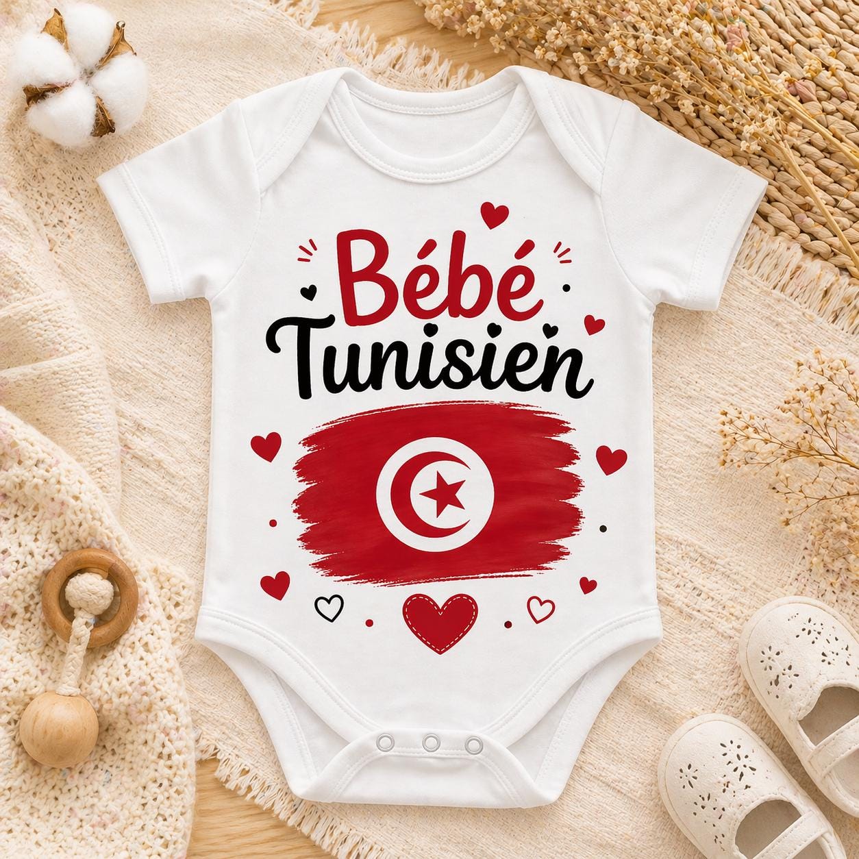 Body personnalisé bébé tunisien avec drapeau | Body naissance personnalisé | Cadeau bébé original | Tunisie Algérie Maroc Espagne Portugal