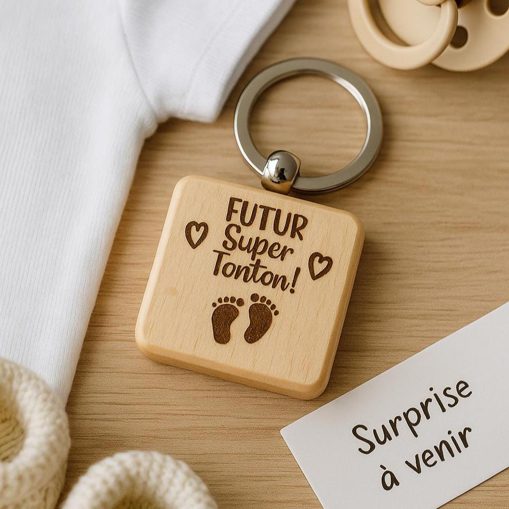 Porte clé en bois personnalisé message, futur super tonton, super tata, bébé arrive, cadeau annonce grossesse à la famille, parrain marraine
