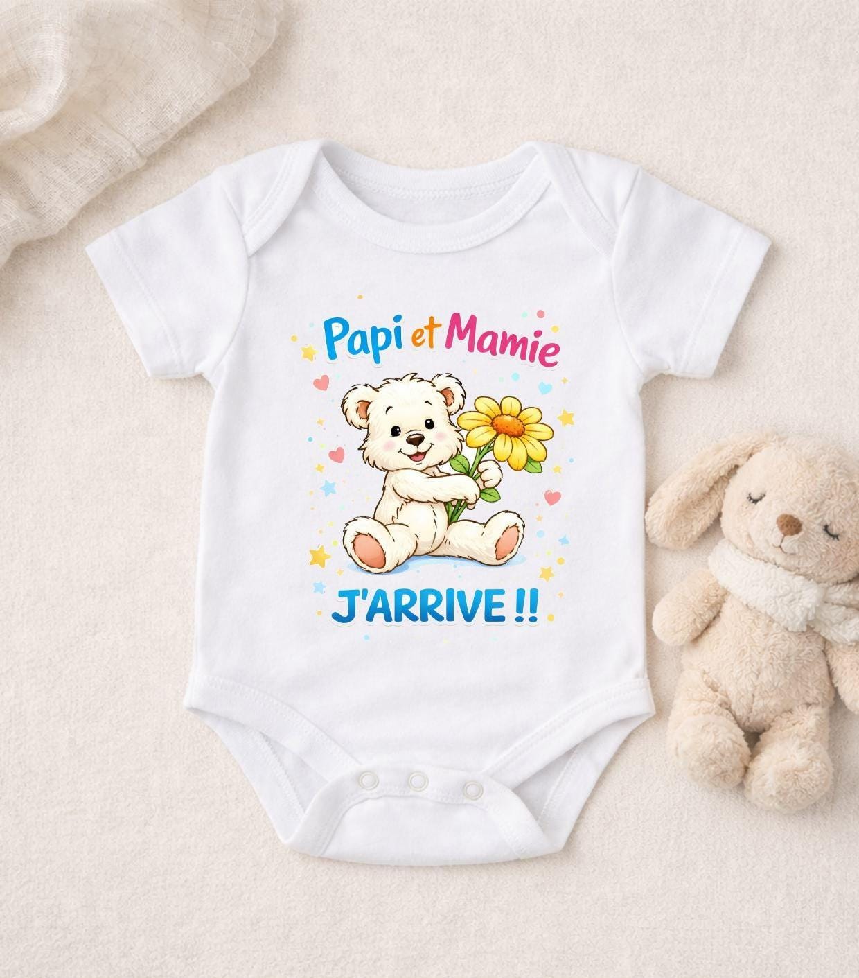 Body bébé pour annonce de grossesse, papi et mamie j'arrive, petit nounours enfant bébé, idée cadeau futur grands parents