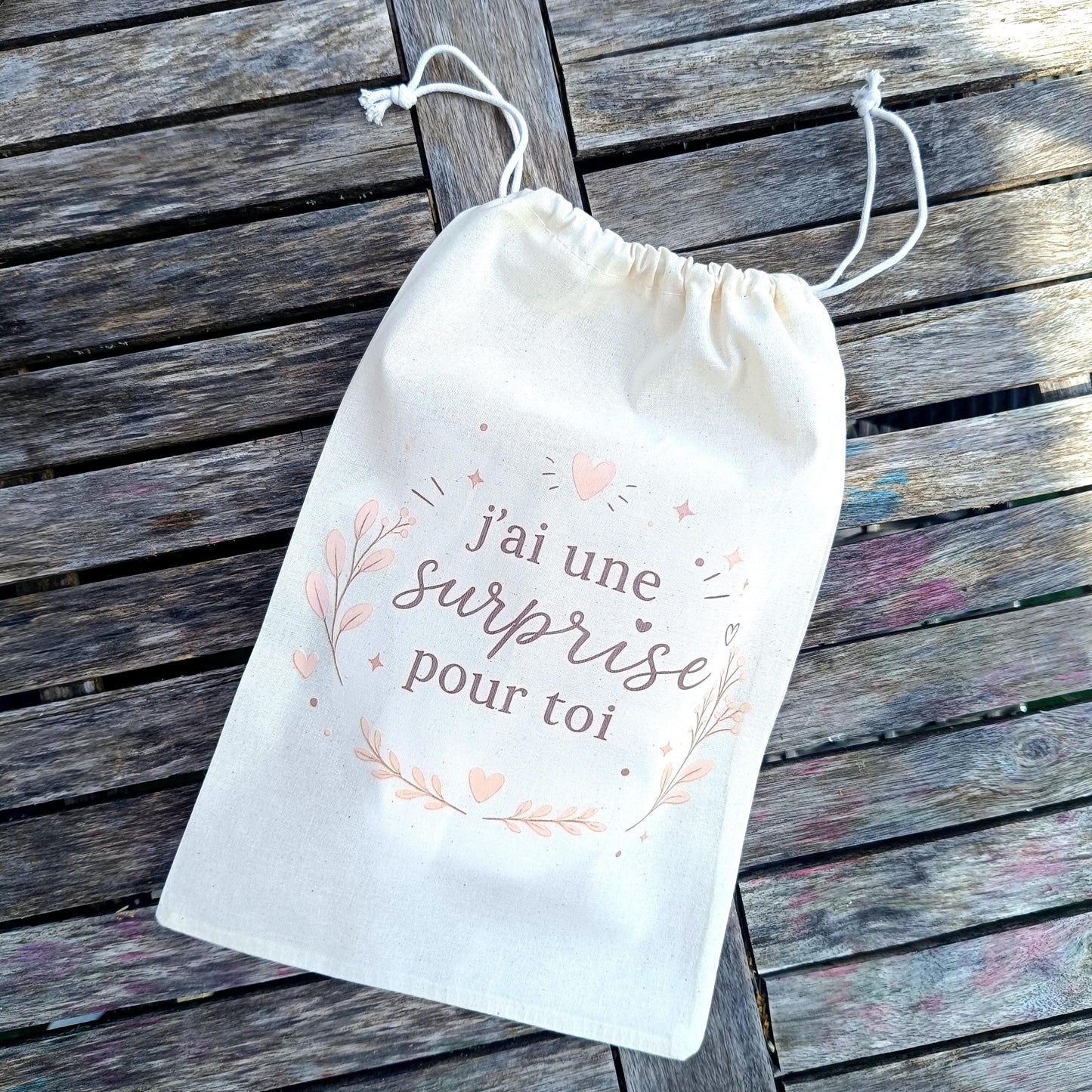 Pochon cadeau en tissu imprimé à personnaliser, J'ai une surprise pour toi, pour offrir un cadeau à la famille, annonce de grossesse mariage