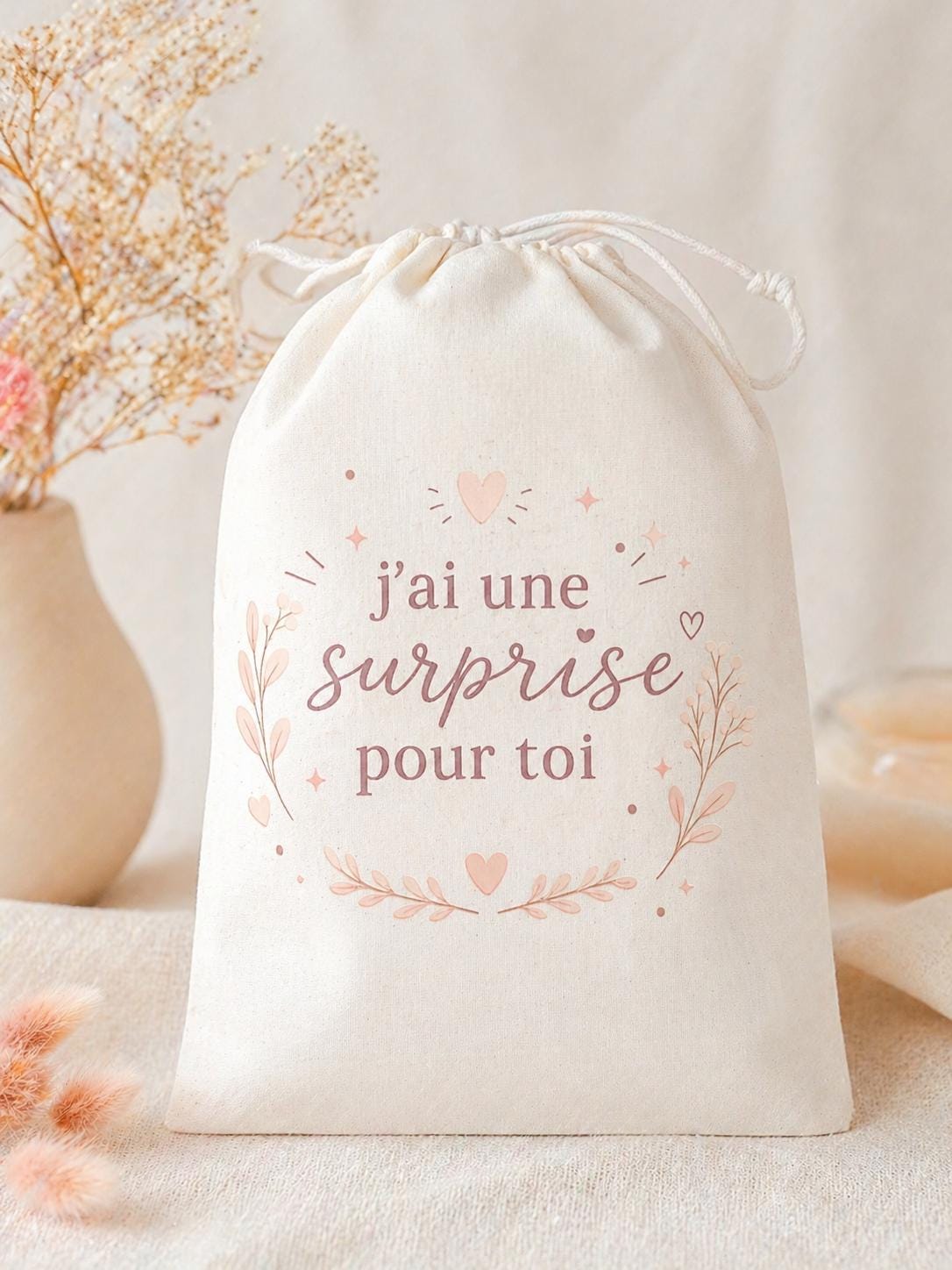 Pochon cadeau en tissu imprimé à personnaliser, J'ai une surprise pour toi, pour offrir un cadeau à la famille, annonce de grossesse mariage