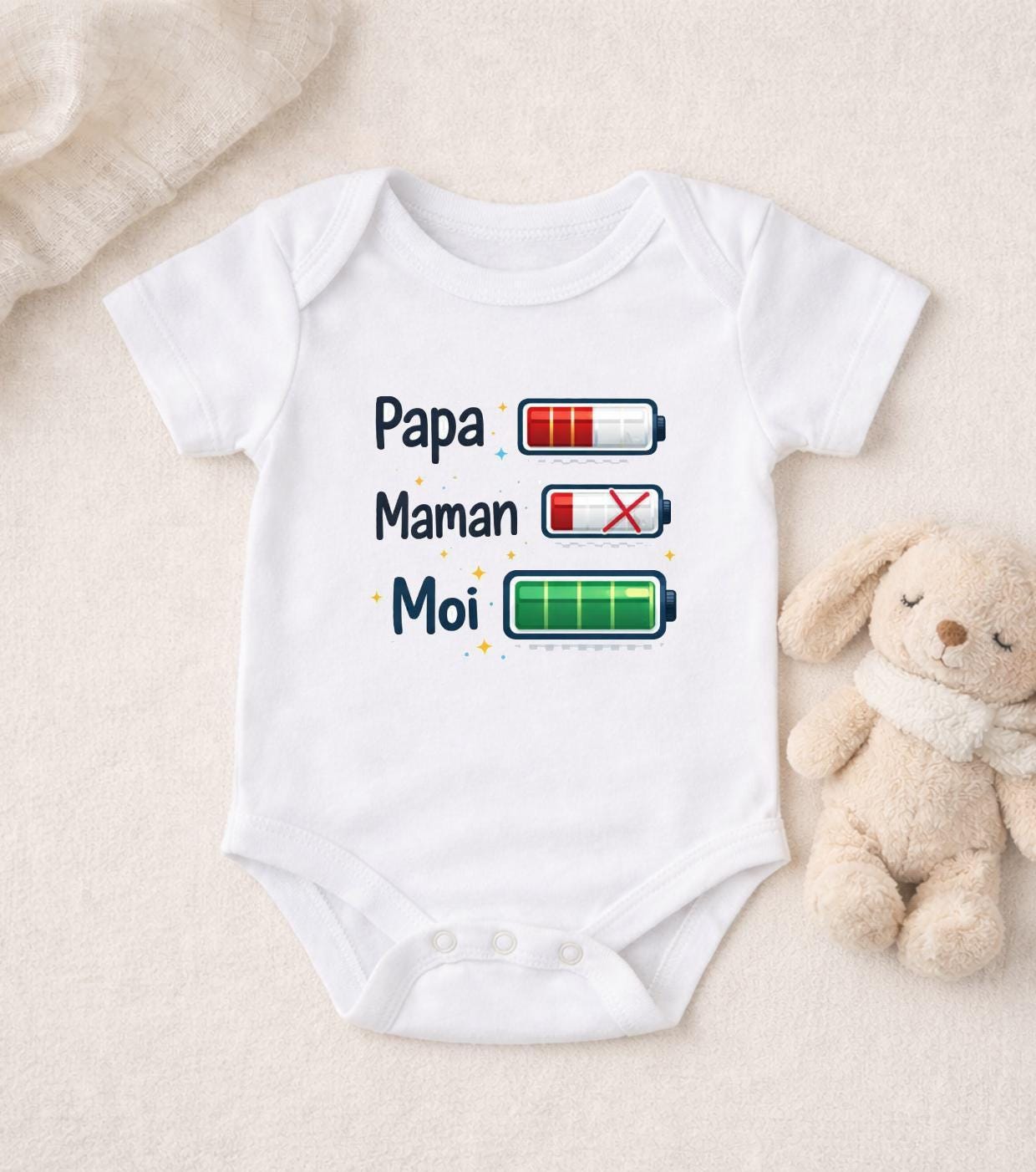 Body bébé batteries – Papa épuisé Maman KO Moi chargé – Cadeau naissance humour – Body bébé origina!